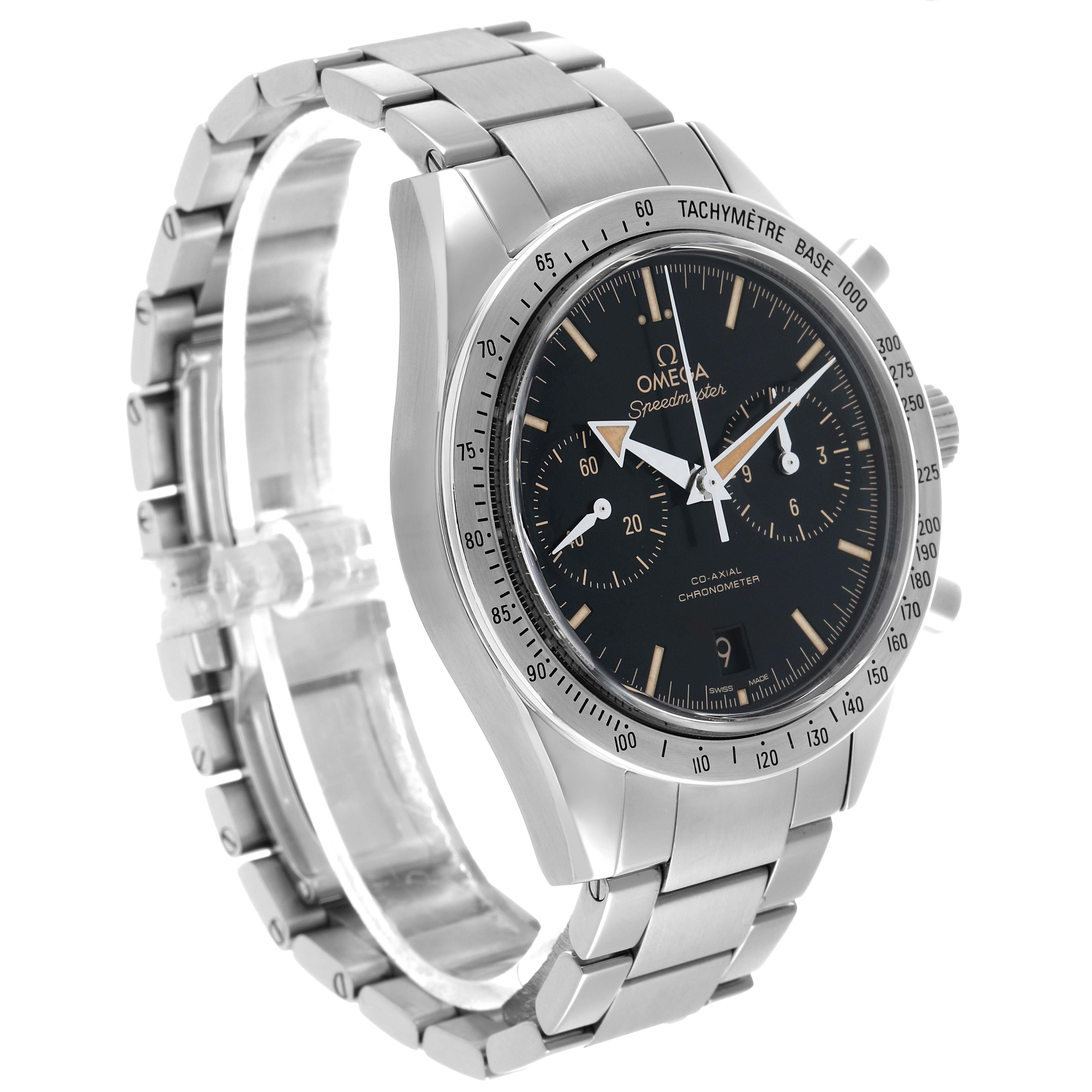 The Omega Speedmaster 331.10.42.51.01.002 Men's Stainless Steel Black Dial watch is shown at a side angle, displaying the face, bezel, and bracelet.