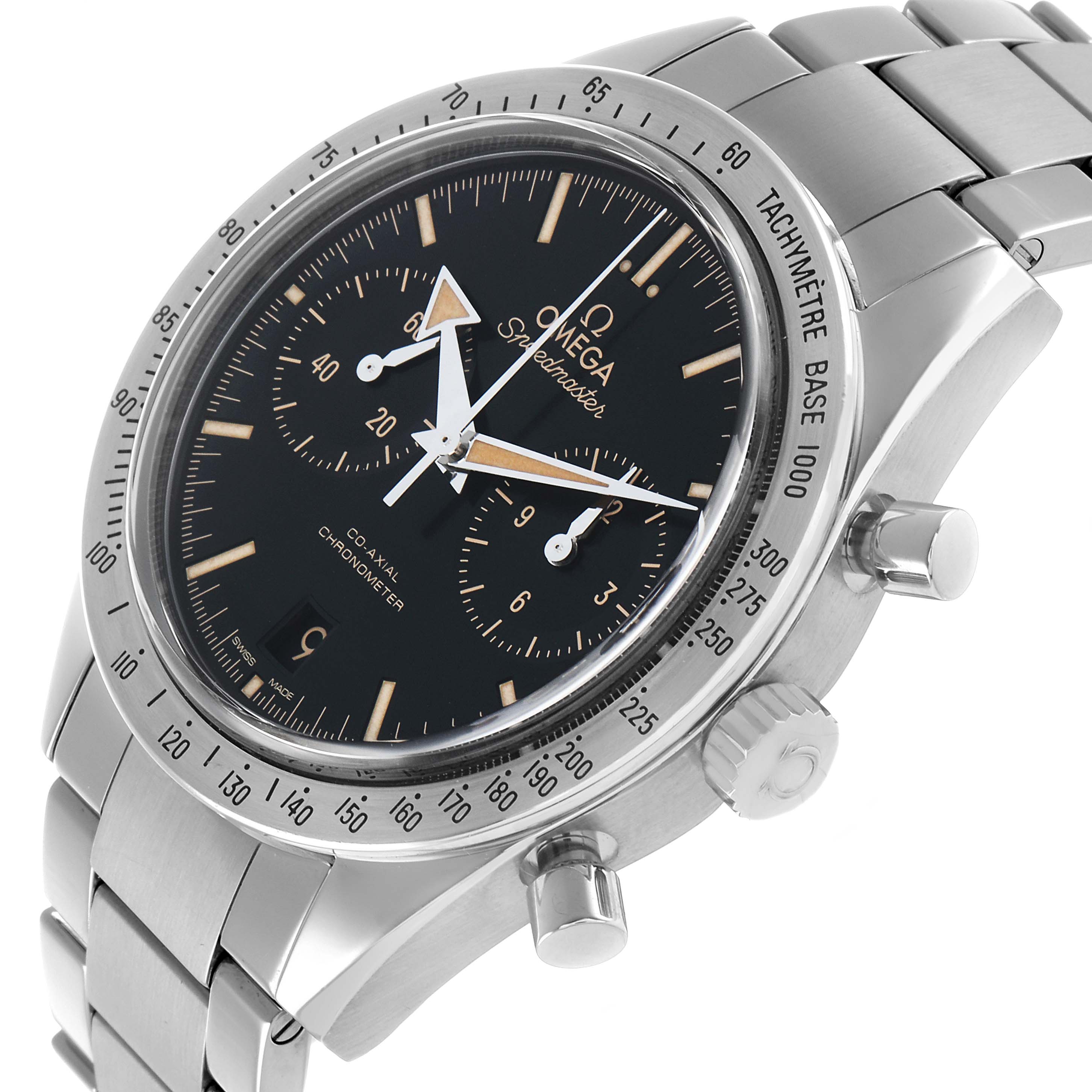 The Omega Speedmaster 331.10.42.51.01.002 Men's Stainless Steel Black Dial watch is shown at a three-quarter angle, displaying the dial, bezel, crown, and chronograph pushers.