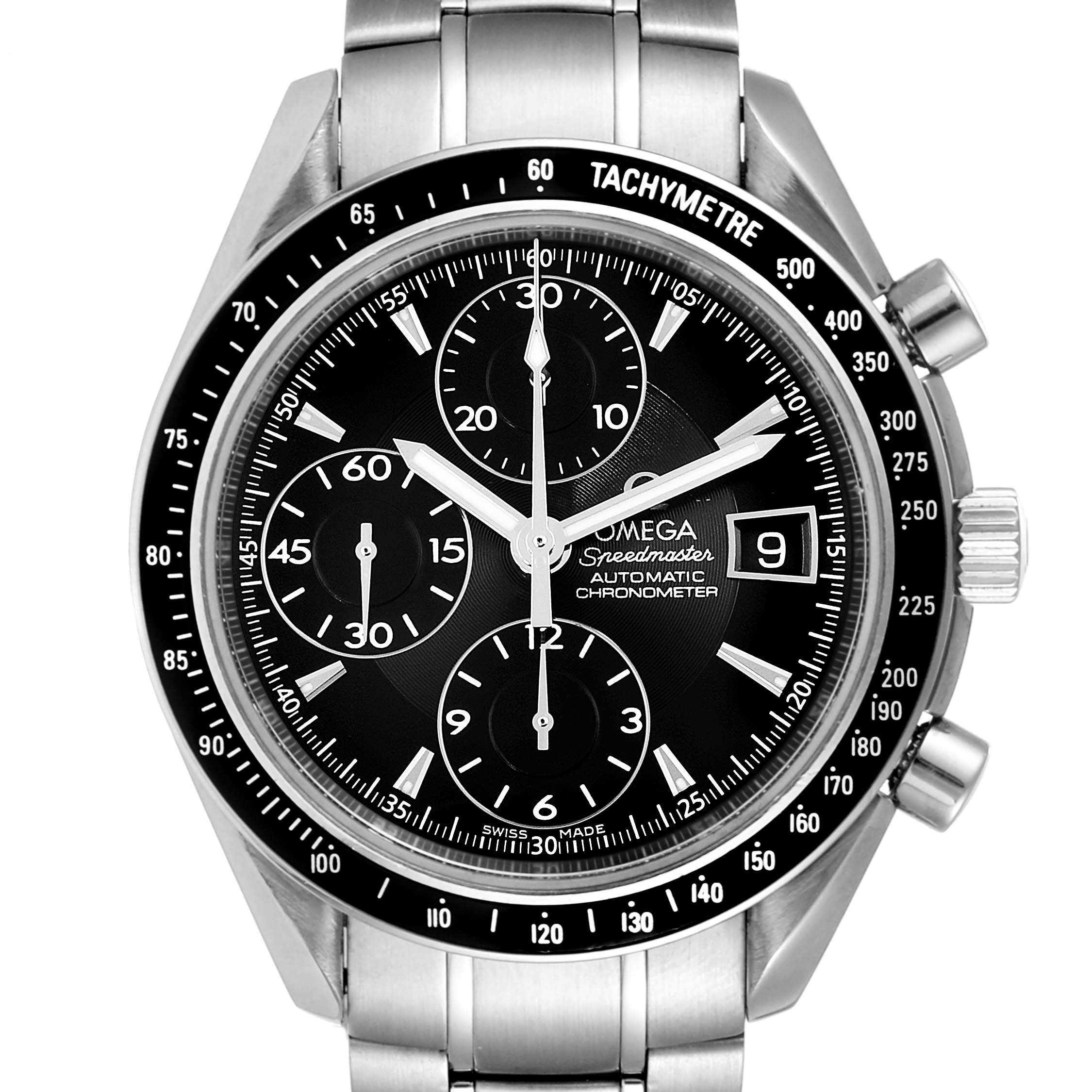 The image shows the front view of an Omega Speedmaster 3210.50.00 Men's Stainless Steel Black Dial 3210.50.00 Men's Stainless Steel Black Dial watch, featuring its dial, hands, subdials, and bracelet.