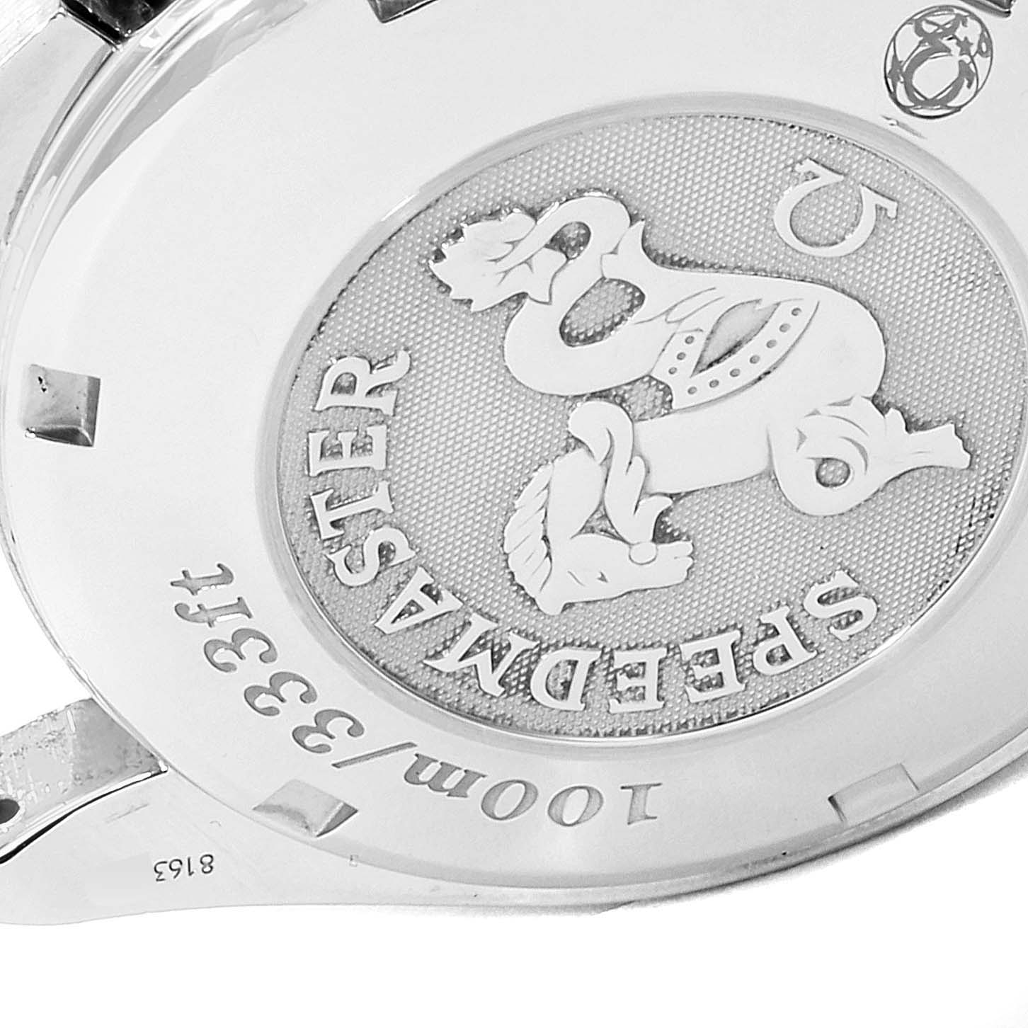 The image shows the back case of an Omega Speedmaster 3210.50.00 Men's Stainless Steel Black Dial 3210.50.00 Men's Stainless Steel Black Dial watch, featuring detailing and engravings.