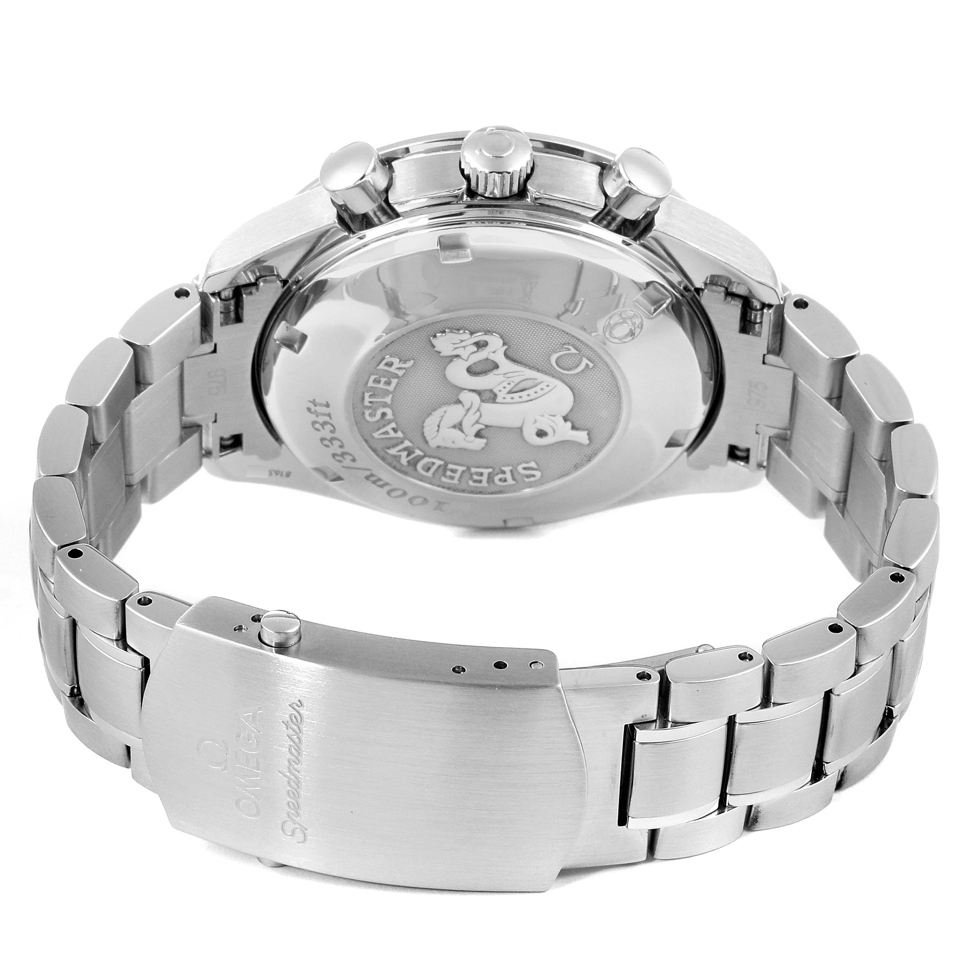 The image shows the back case, crown, buttons, and metal bracelet of the Omega Speedmaster 3210.50.00 Men's Stainless Steel Black Dial 3210.50.00 Men's Stainless Steel Black Dial watch.