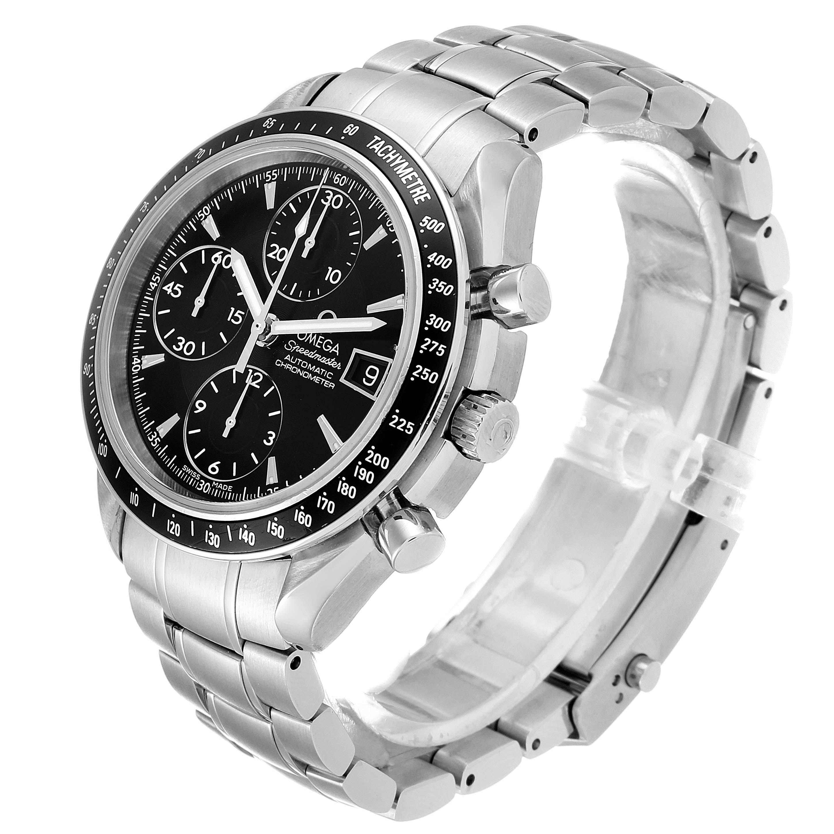 The image shows an angled view of the Omega Speedmaster 3210.50.00 Men's Stainless Steel Black Dial 3210.50.00 Men's Stainless Steel Black Dial watch, highlighting the dial, bezel, crown, pushers, and bracelet.