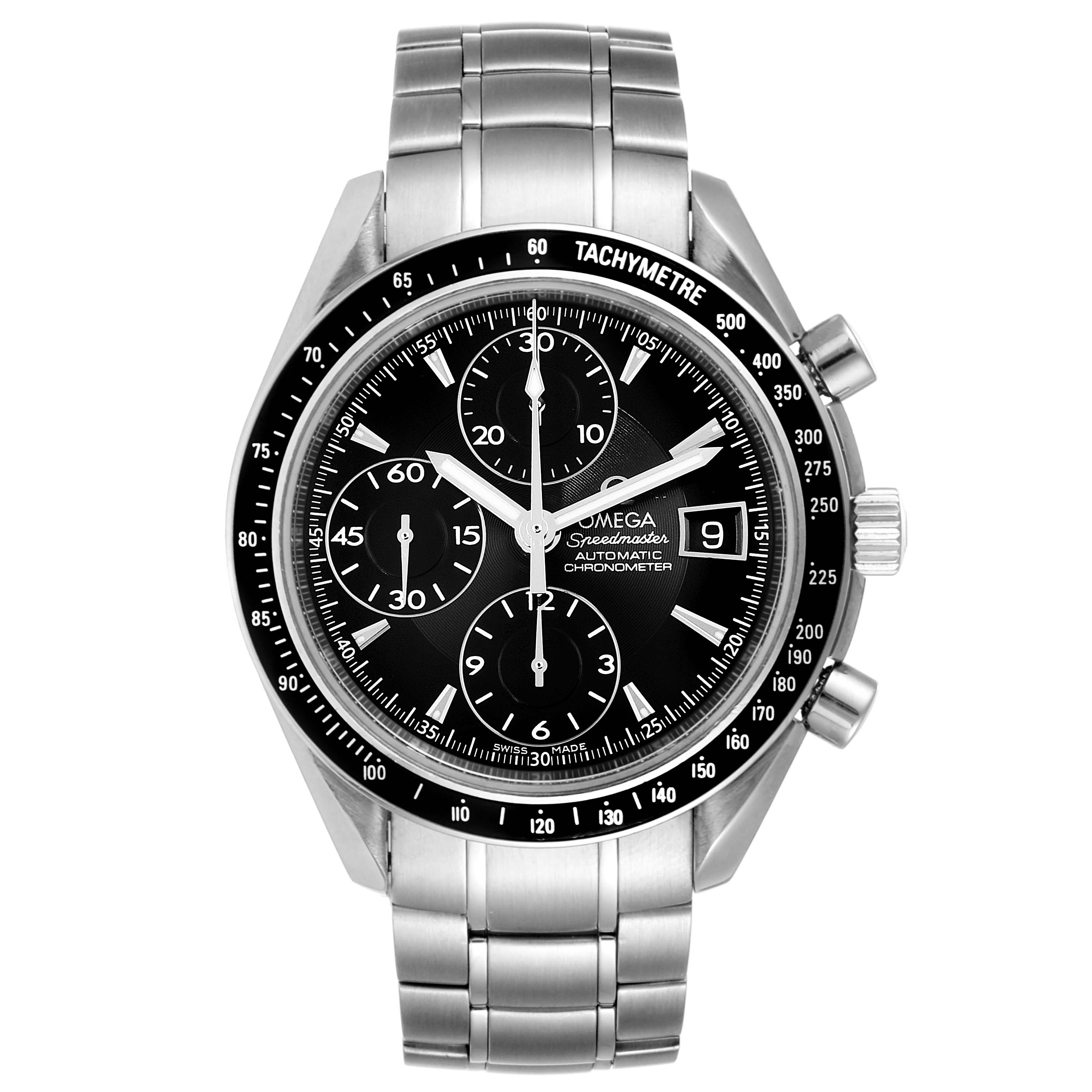 The image shows a full frontal view of an Omega Speedmaster 3210.50.00 Men's Stainless Steel Black Dial 3210.50.00 Men's Stainless Steel Black Dial watch, displaying its dial, bezel, and stainless steel band.