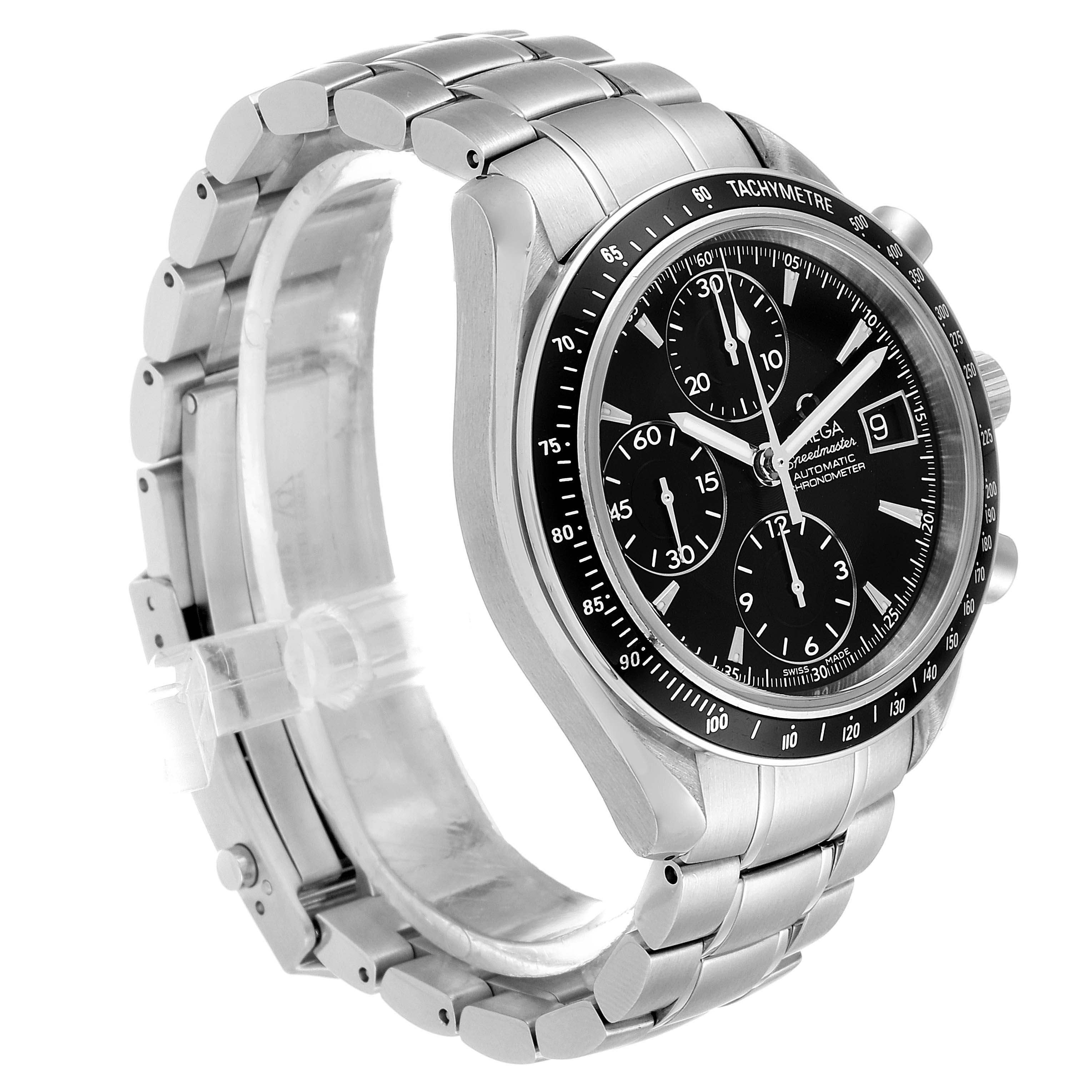 The image shows a side view of an Omega Speedmaster 3210.50.00 Men's Stainless Steel Black Dial 3210.50.00 Men's Stainless Steel Black Dial watch, displaying its stainless steel case, bezel, dial, and bracelet.
