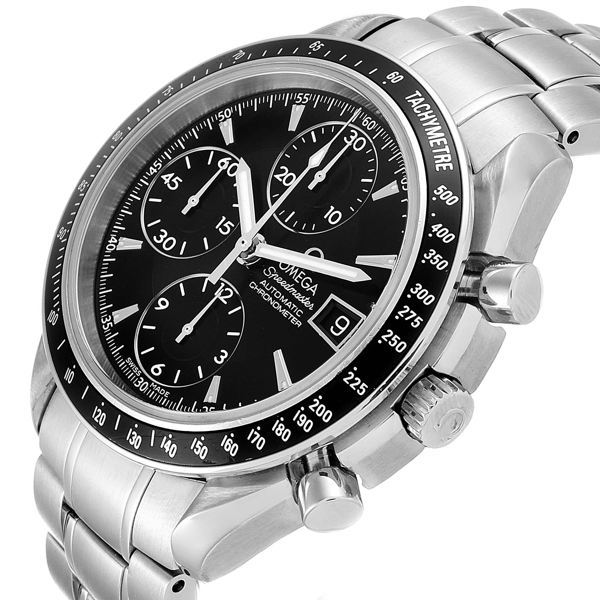 The Omega Speedmaster 3210.50.00 Men's Stainless Steel Black Dial 3210.50.00 Men's Stainless Steel Black Dial watch is shown from a slight angle, highlighting the dial, bezel, chronograph sub-dials, and stainless steel bracelet.
