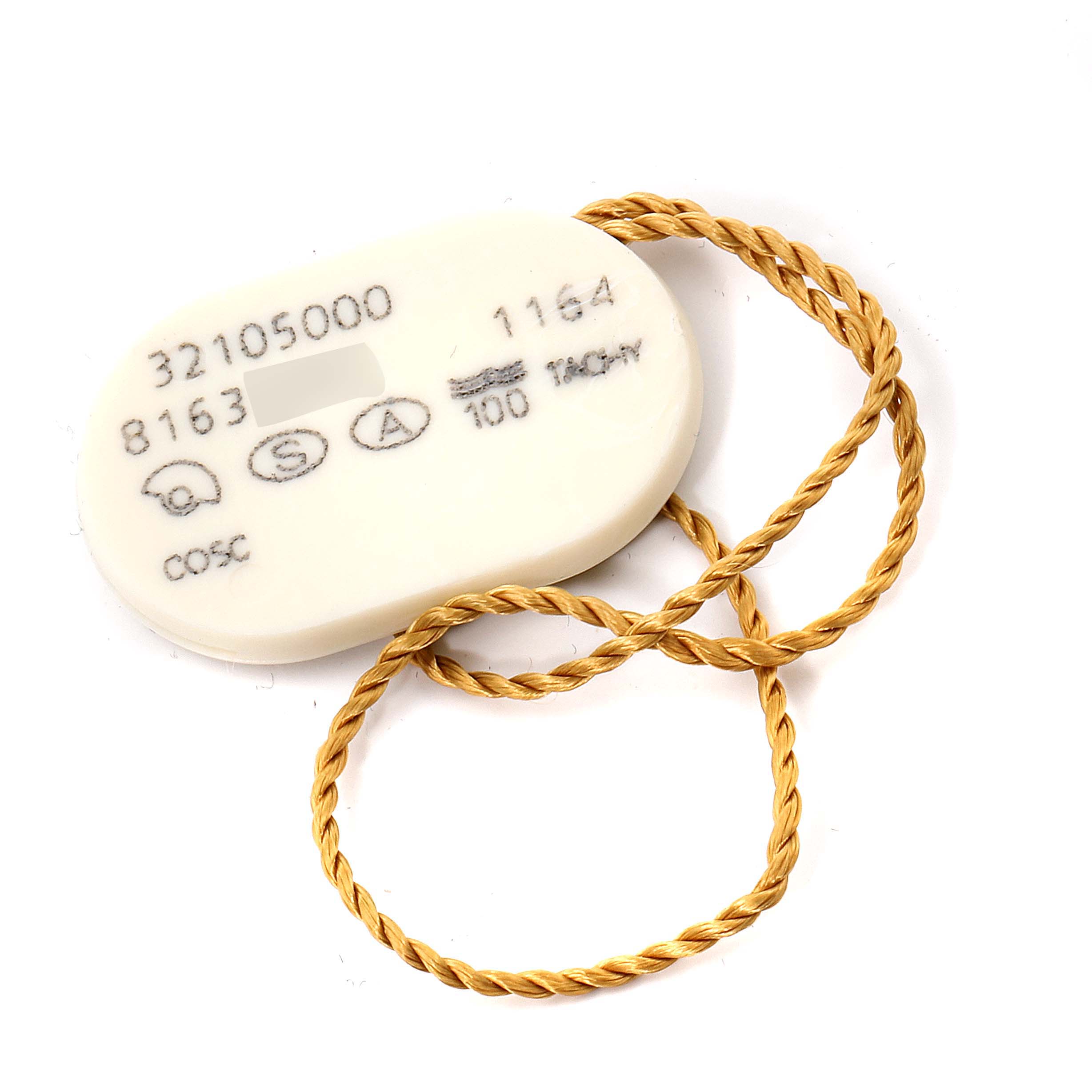 This image shows a close-up of a white Omega Speedmaster 3210.50.00 Men's Stainless Steel Black Dial 3210.50.00 Men's Stainless Steel Black Dial tag with gold string and various printed serial numbers and codes.