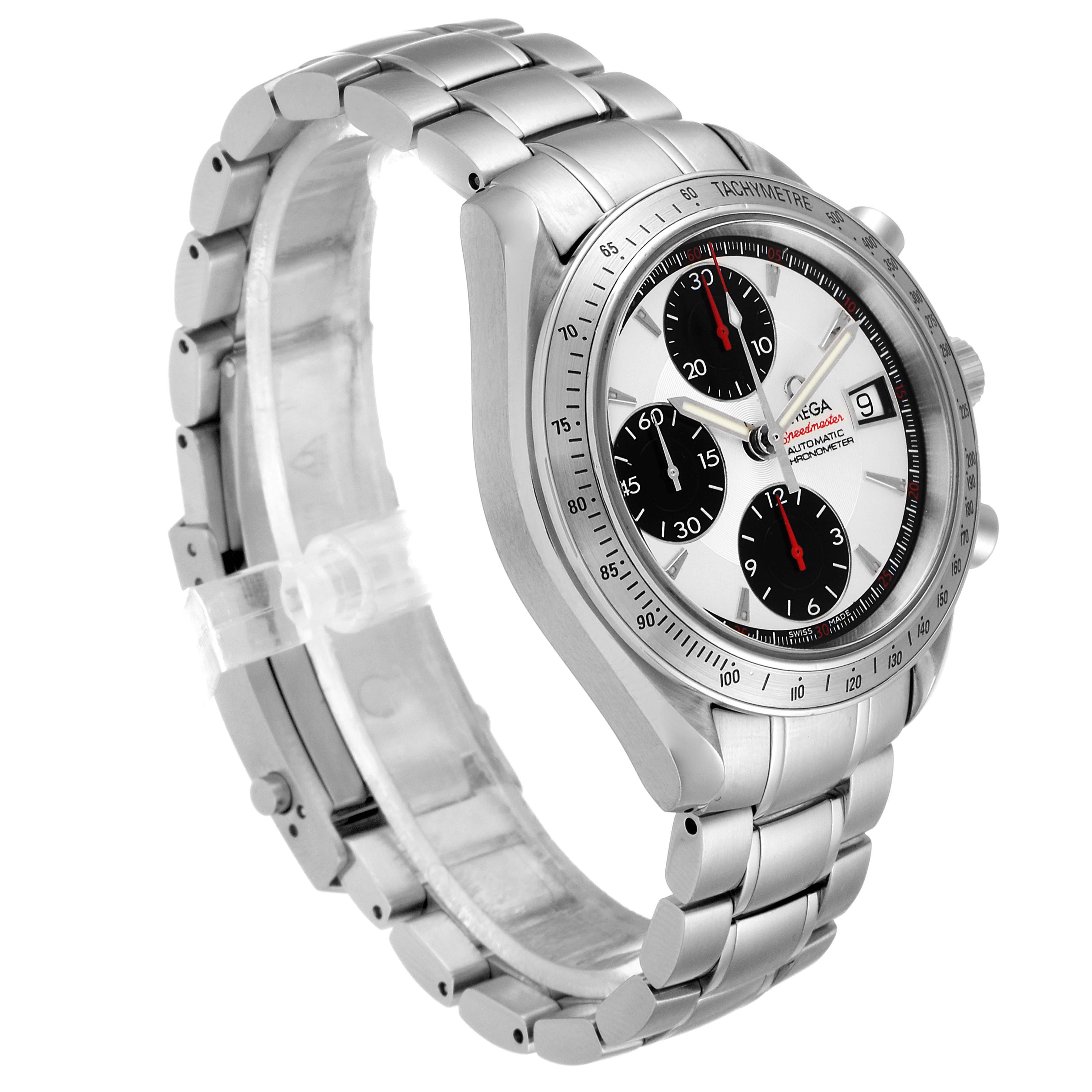 This is a side-angled view of an Omega Speedmaster 3211.31.00 Men's Stainless Steel Silver Dial 3211.31.00 Men's Stainless Steel Silver Dial watch, showing the dial, bracelet, and tachymeter bezel.