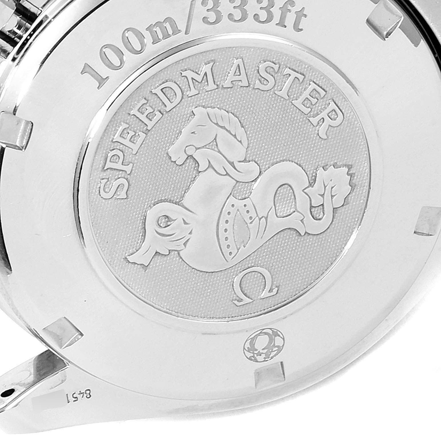 The image shows the back case of an Omega Speedmaster 3211.31.00 Men's Stainless Steel Silver Dial 3211.31.00 Men's Stainless Steel Silver Dial watch, displaying the emblem and depth rating.