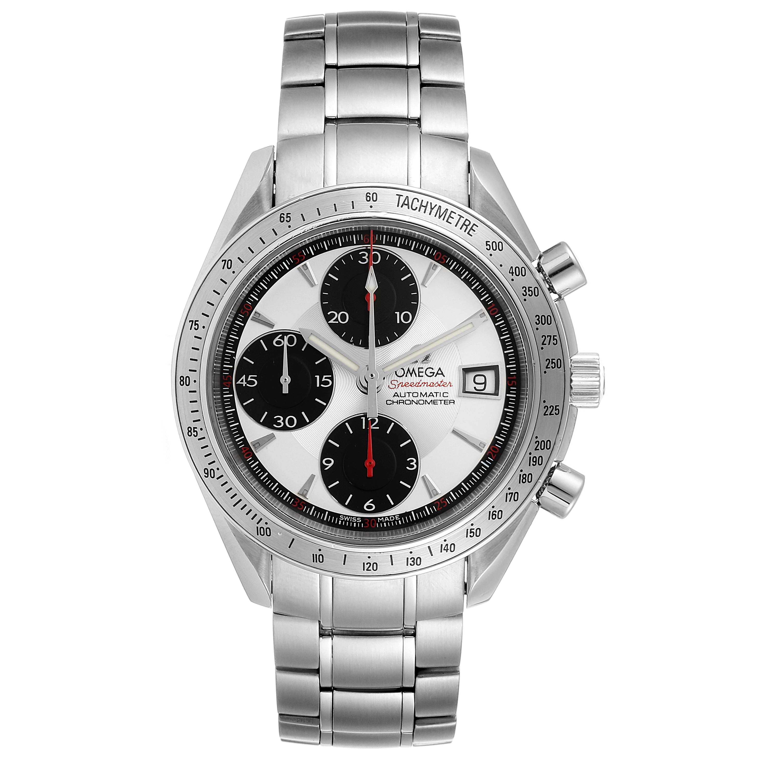 The Omega Speedmaster 3211.31.00 Men's Stainless Steel Silver Dial 3211.31.00 Men's Stainless Steel Silver Dial watch is shown from a front angle, highlighting its dial, tachymeter bezel, and stainless steel bracelet.
