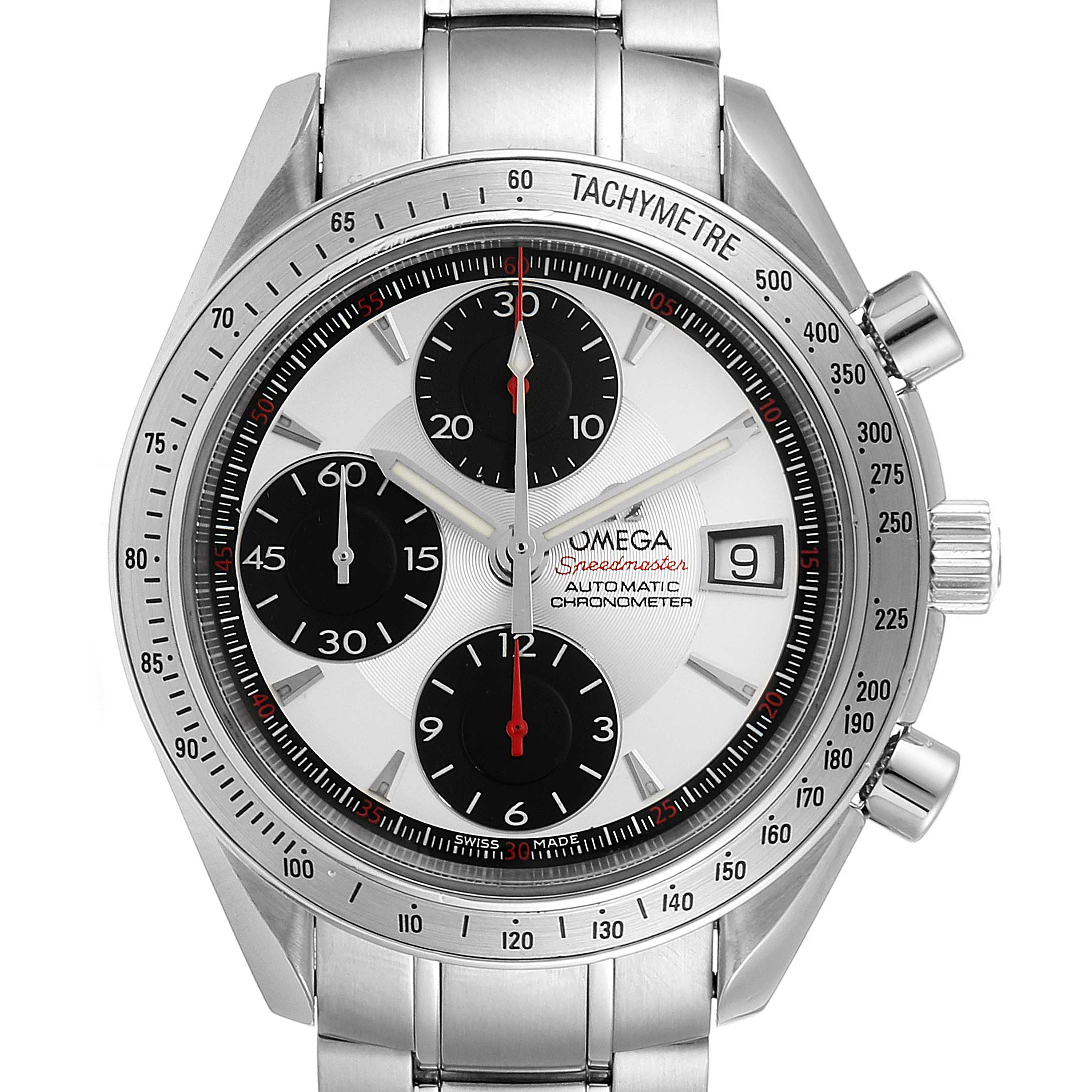This is a frontal view of the Omega Speedmaster 3211.31.00 Men's Stainless Steel Silver Dial 3211.31.00 Men's Stainless Steel Silver Dial watch, showing its dial, three sub-dials, date window, and tachymeter bezel.