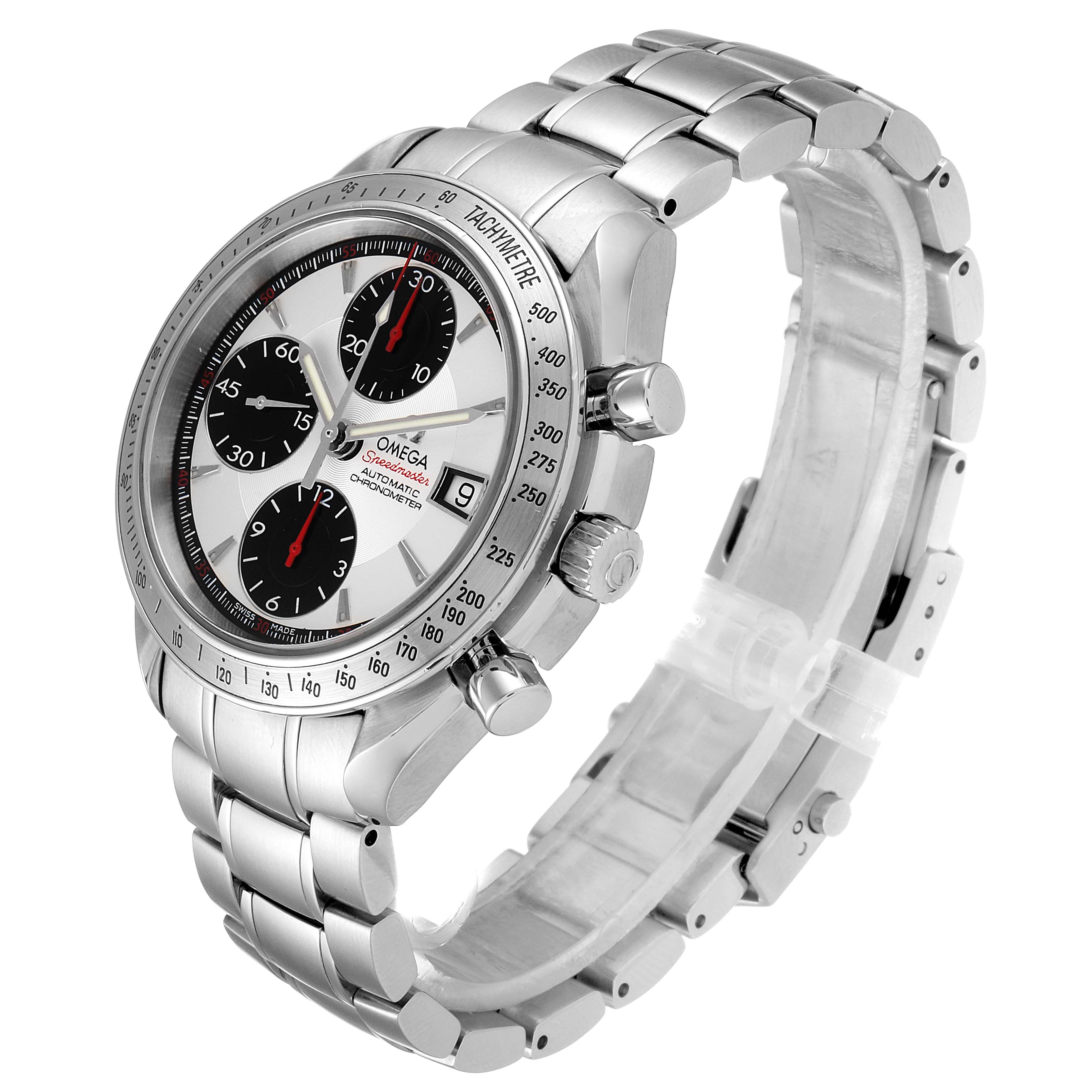 The image shows an Omega Speedmaster 3211.31.00 Men's Stainless Steel Silver Dial 3211.31.00 Men's Stainless Steel Silver Dial watch from a diagonal side angle, highlighting the face, bezel, crown, and part of the bracelet.