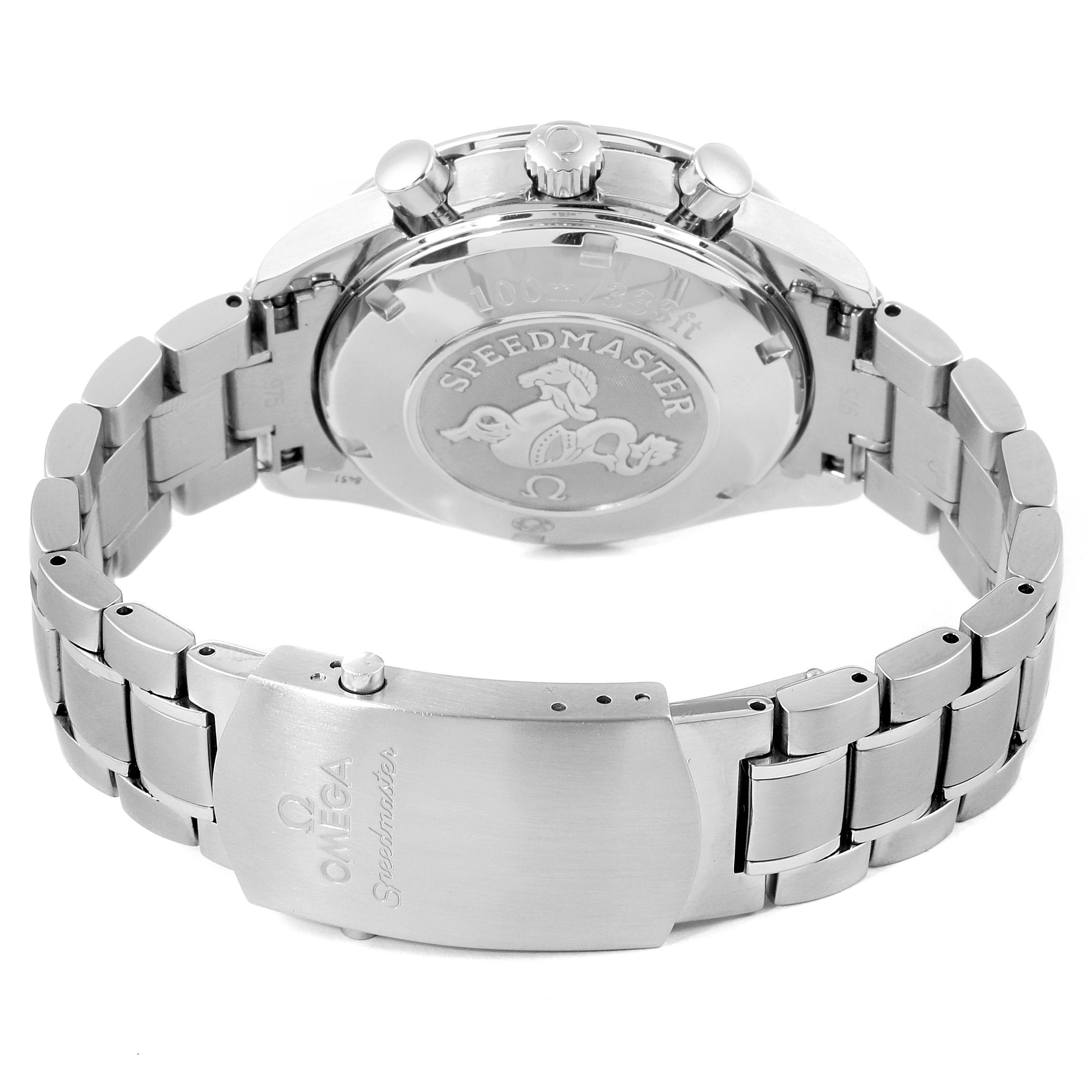 This image shows the back case, crown, chronograph pushers, and bracelet of an Omega Speedmaster 3211.31.00 Men's Stainless Steel Silver Dial 3211.31.00 Men's Stainless Steel Silver Dial watch.