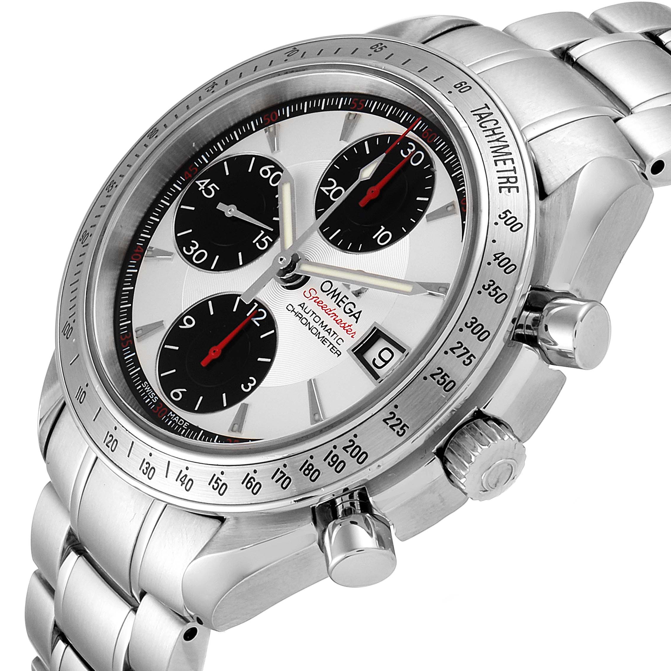 The image shows an Omega Speedmaster 3211.31.00 Men's Stainless Steel Silver Dial 3211.31.00 Men's Stainless Steel Silver Dial watch at a three-quarter angle, highlighting the dial, tachymeter bezel, subdials, and metal bracelet.
