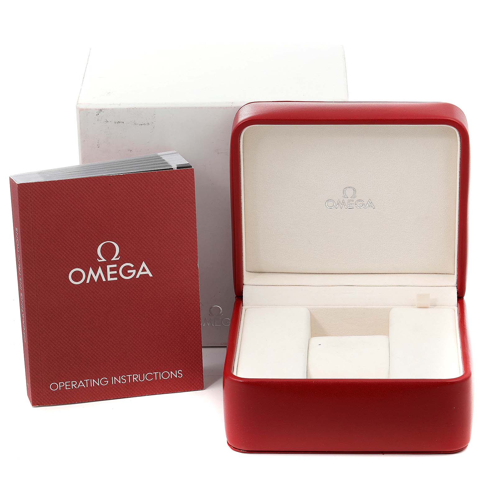 The image shows packaging and accessories for the Omega Speedmaster 3211.31.00 Men's Stainless Steel Silver Dial 3211.31.00 Men's Stainless Steel Silver Dial, including a red watch box and operating instructions manual.