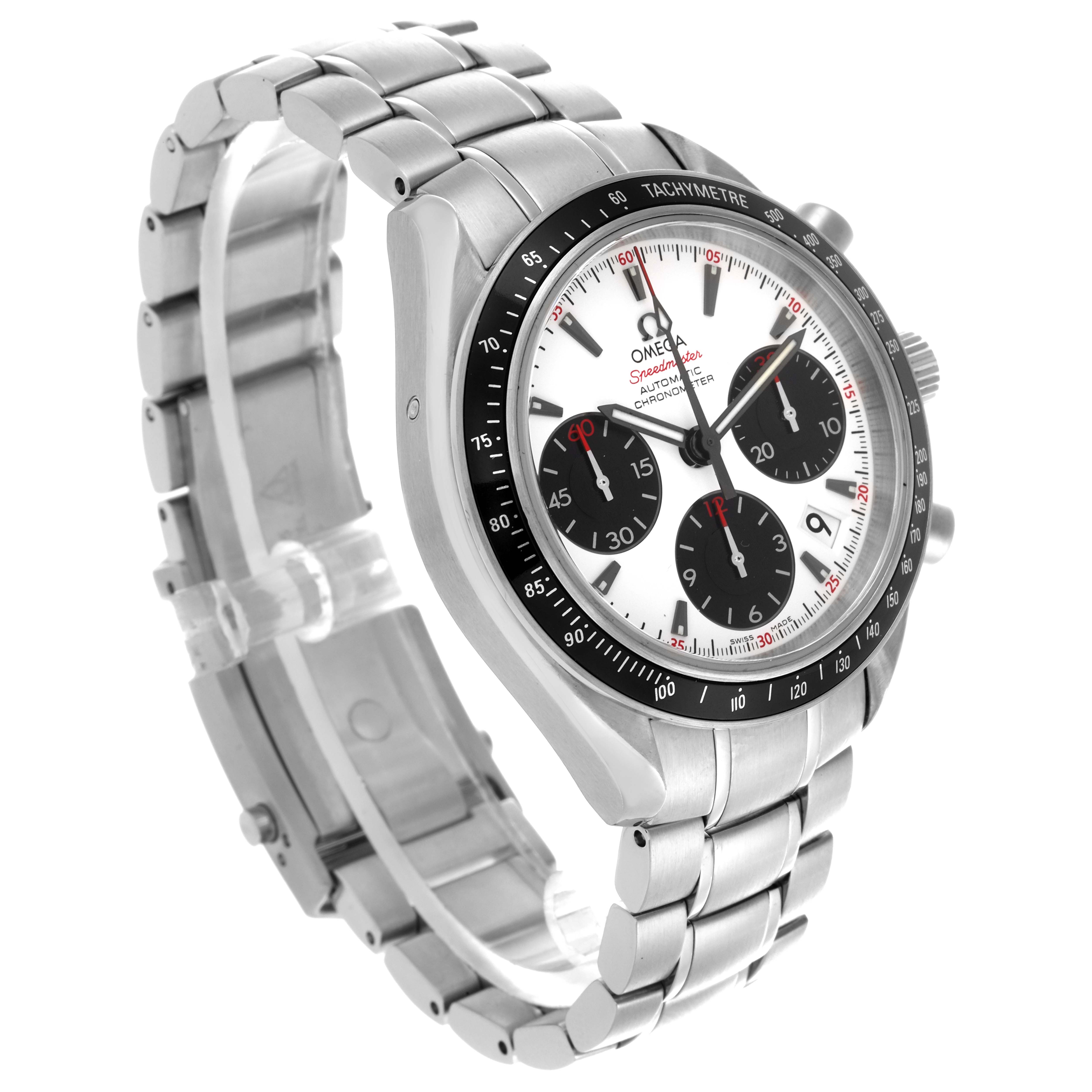 The Omega Speedmaster 323.30.40.40.04.001 Men
s Stainless Steel Silver Dial 323.30.40.40.04.001 Men
s Stainless Steel Silver Dial is shown at an angled view highlighting the face, bezel, pushers, and bracelet.