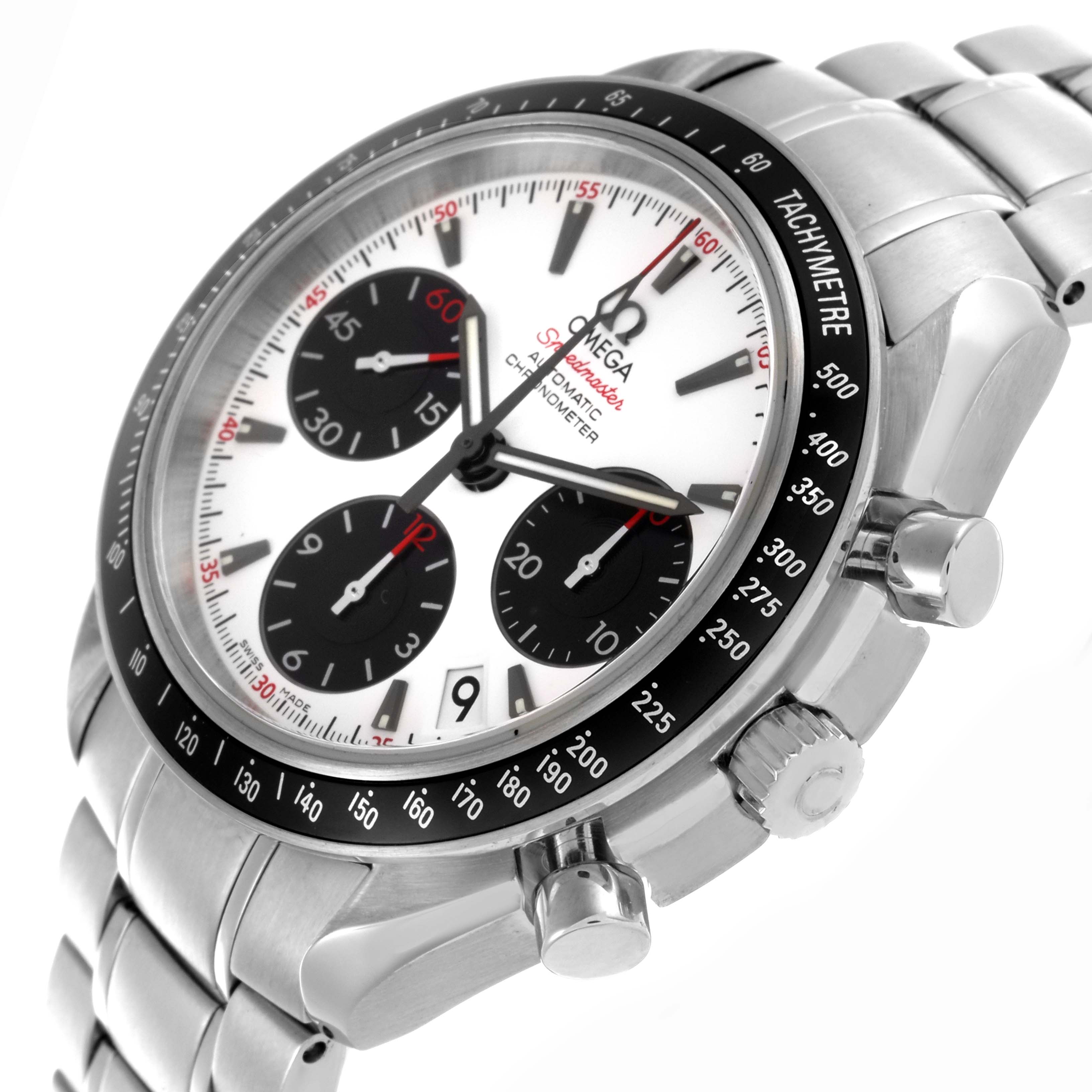 The Omega Speedmaster 323.30.40.40.04.001 Men
s Stainless Steel Silver Dial 323.30.40.40.04.001 Men
s Stainless Steel Silver Dial is shown at a slight angle focusing on the dial, crown, and tachymeter bezel.