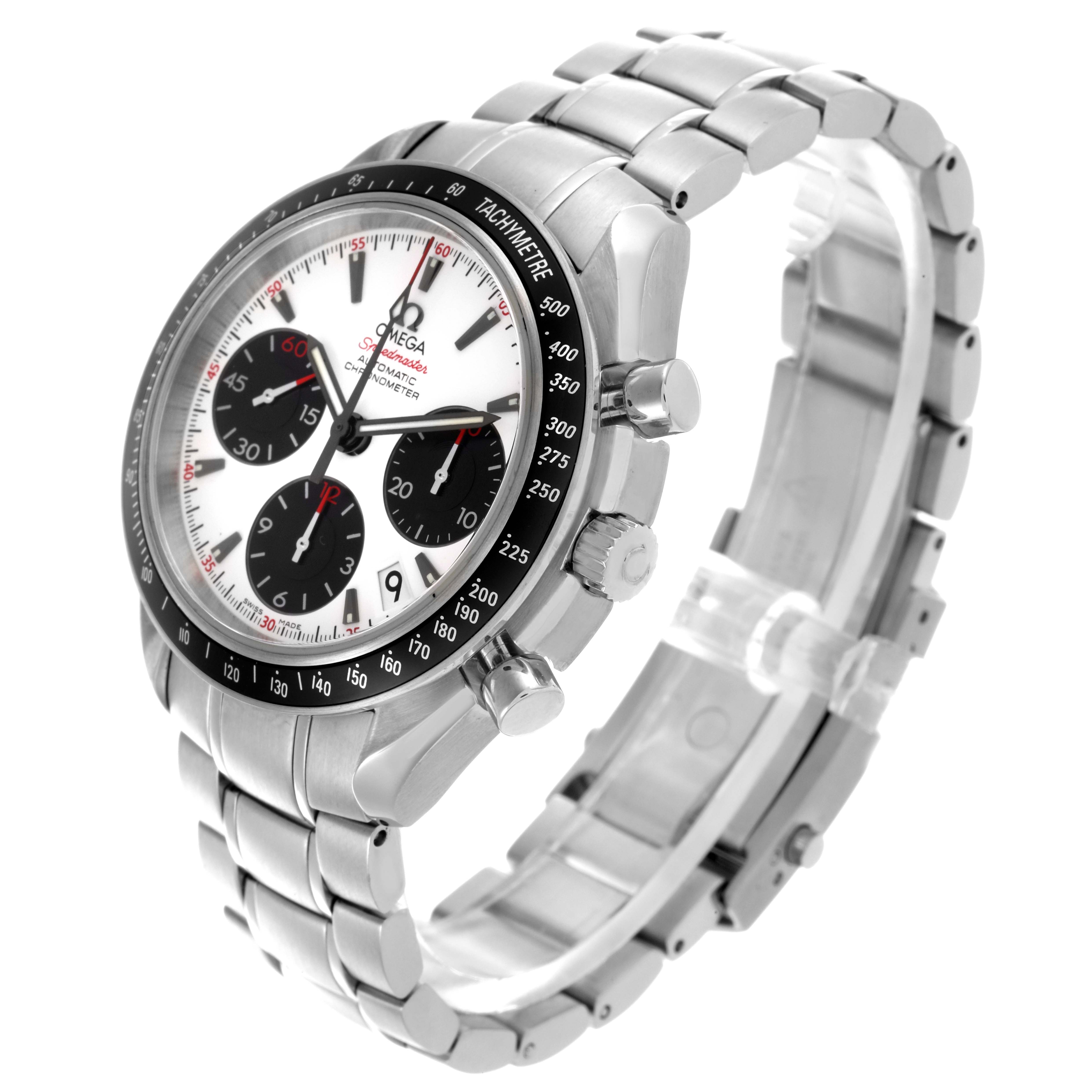 The Omega Speedmaster 323.30.40.40.04.001 Men
s Stainless Steel Silver Dial 323.30.40.40.04.001 Men
s Stainless Steel Silver Dial watch is shown at a three-quarter angle, displaying the face, bezel, crown, and bracelet.