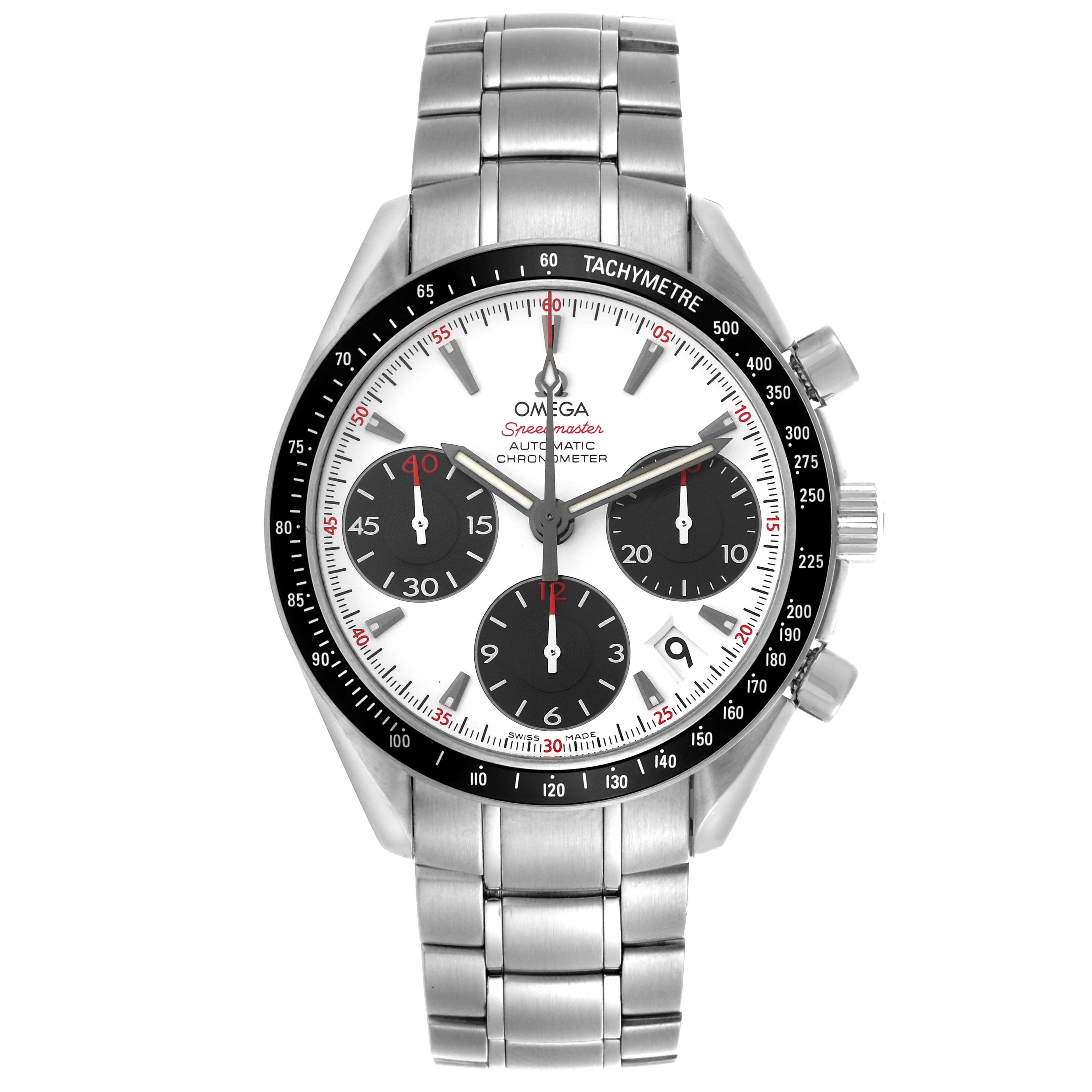 The Omega Speedmaster 323.30.40.40.04.001 Men
s Stainless Steel Silver Dial 323.30.40.40.04.001 Men
s Stainless Steel Silver Dial watch is shown from the front, highlighting the dial, bezel, subdials, and bracelet.