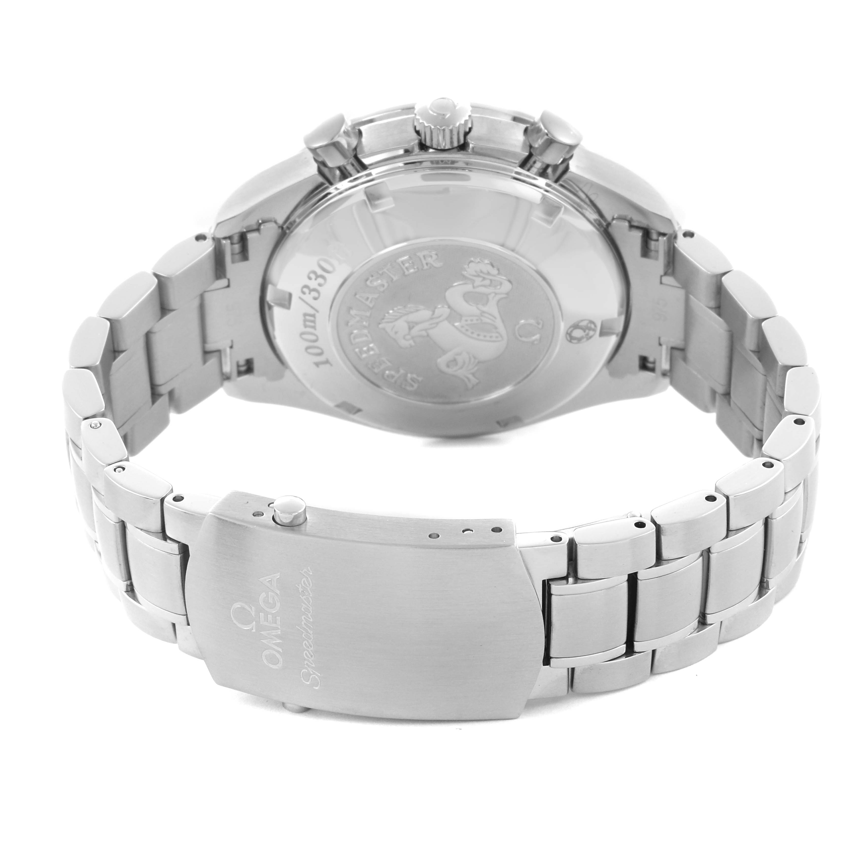The image shows the back case and bracelet of an Omega Speedmaster 323.30.40.40.04.001 Men
s Stainless Steel Silver Dial 323.30.40.40.04.001 Men
s Stainless Steel Silver Dial, highlighting the clasp and case engravings.