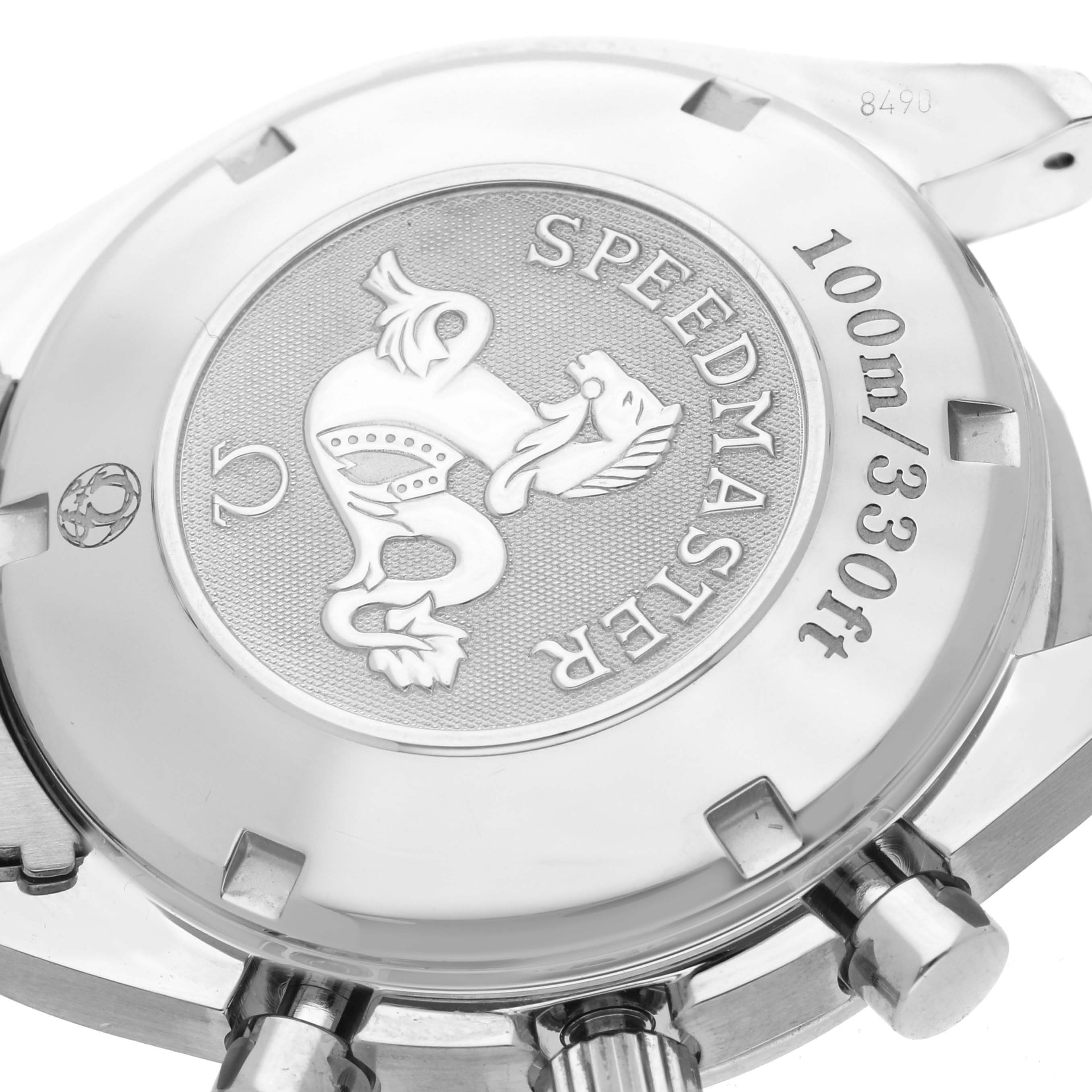 The image shows the back and side of an Omega Speedmaster 323.30.40.40.04.001 Men
s Stainless Steel Silver Dial 323.30.40.40.04.001 Men
s Stainless Steel Silver Dial, highlighting its case back and pushers.