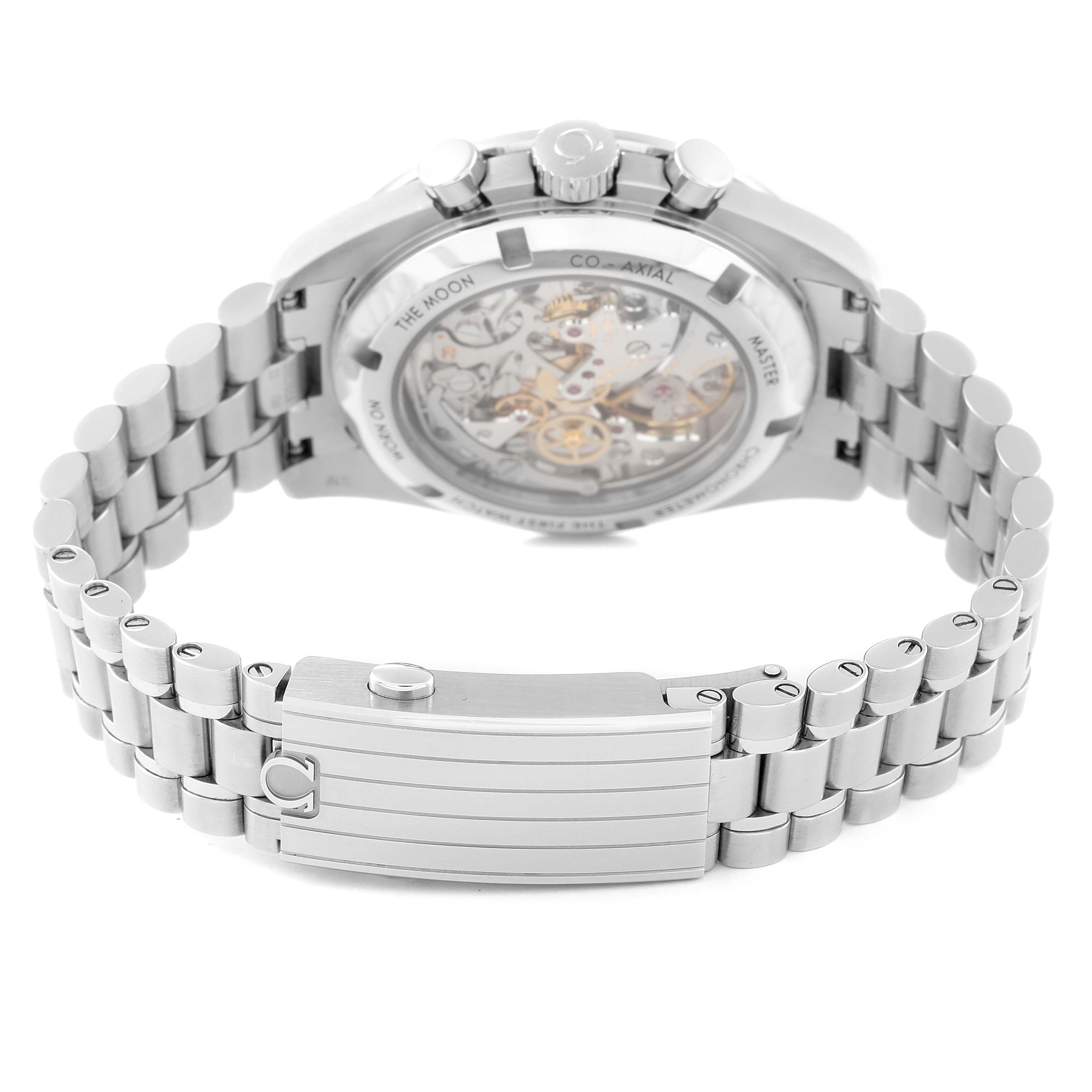 The image shows the Omega Speedmaster 310.30.42.50.01.002 Men
s Stainless Steel Black Dial 310.30.42.50.01.002 Men
s Stainless Steel Black Dial watch from a rear angle, highlighting its transparent case back and metal bracelet with clasp.