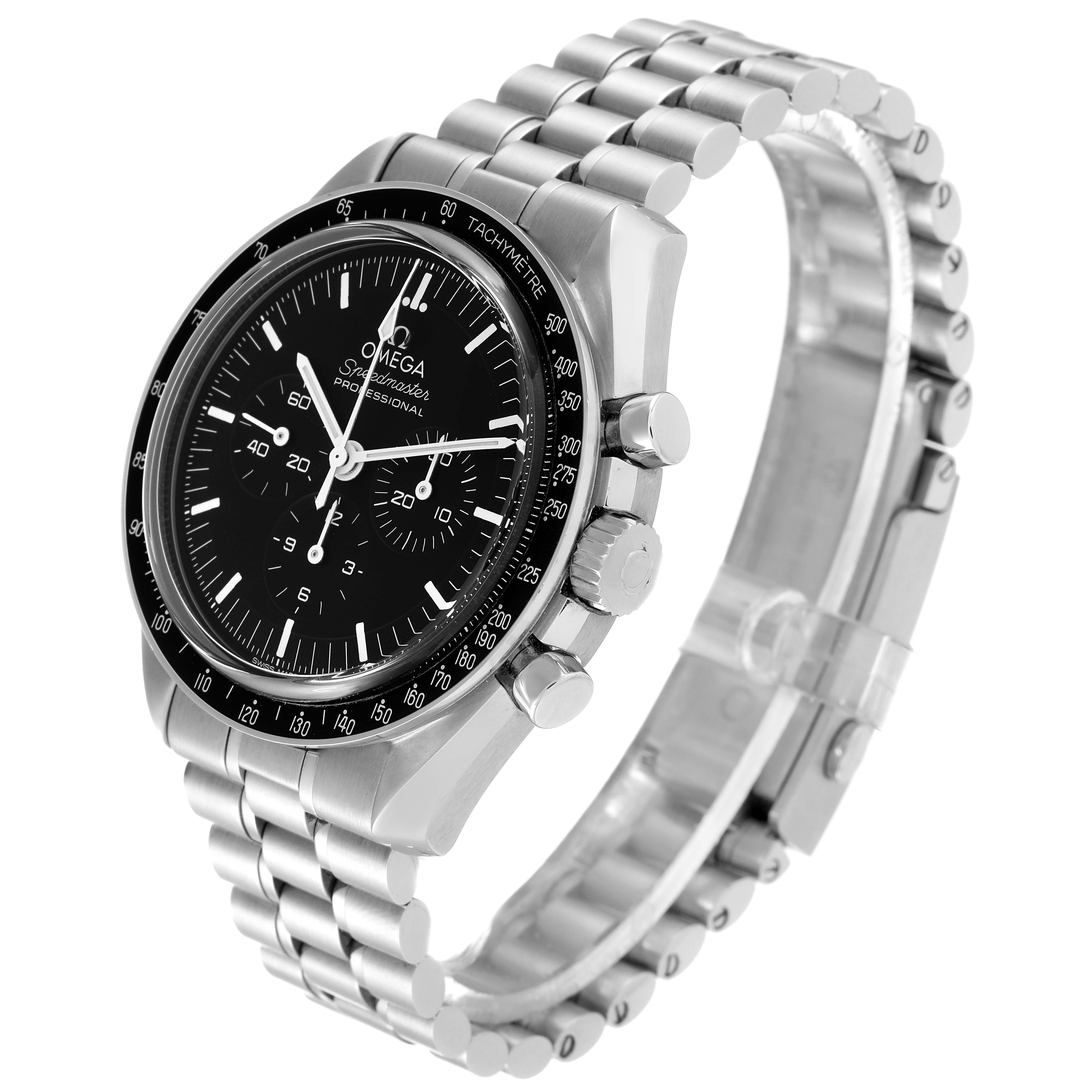 This image shows an Omega Speedmaster 310.30.42.50.01.002 Men
s Stainless Steel Black Dial 310.30.42.50.01.002 Men
s Stainless Steel Black Dial watch from a three-quarter angle, displaying its face, bezel, crown, pushers, and metal bracelet.