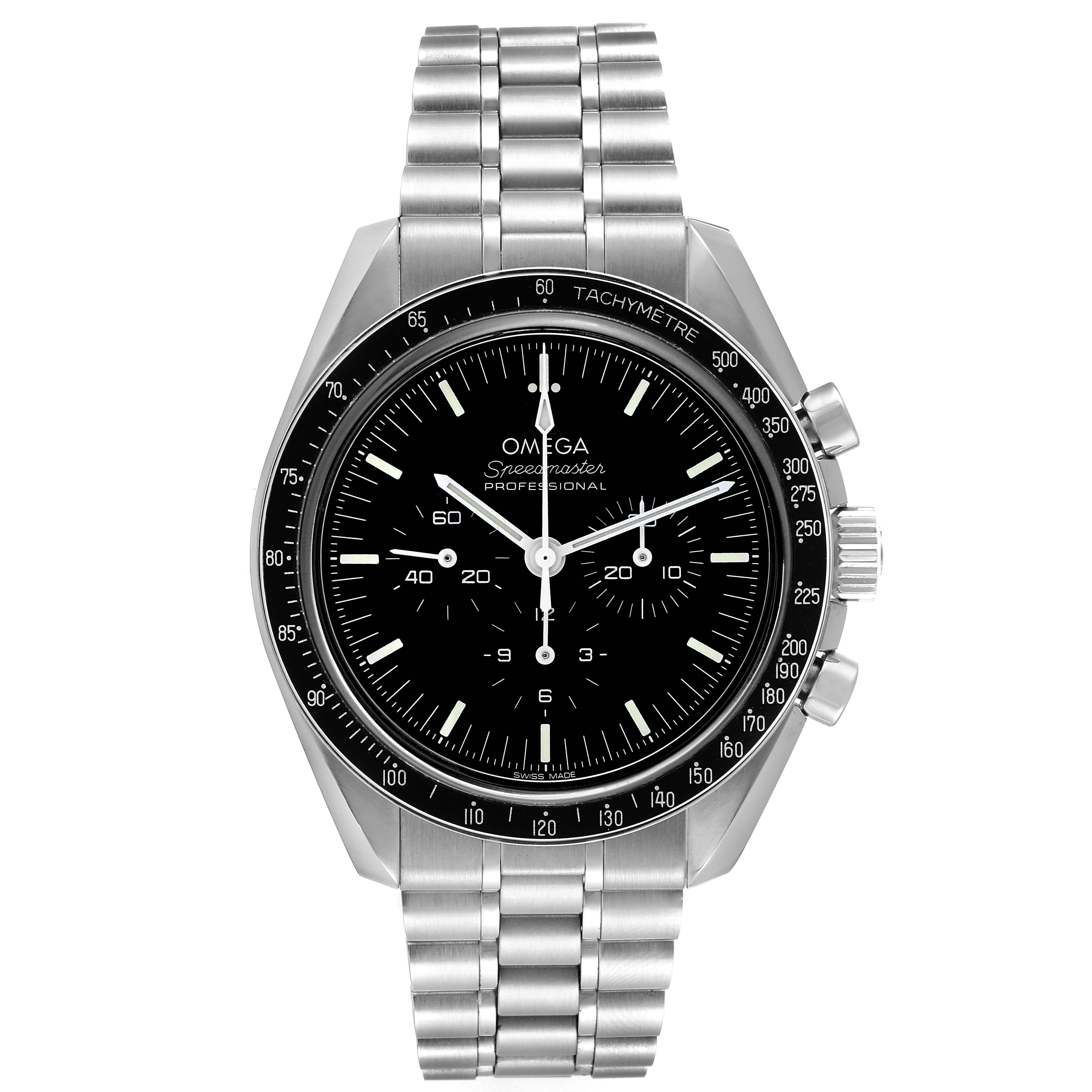 This image shows a front view of the Omega Speedmaster 310.30.42.50.01.002 Men
s Stainless Steel Black Dial 310.30.42.50.01.002 Men
s Stainless Steel Black Dial Professional watch, displaying its dial, bezel, and stainless steel bracelet.