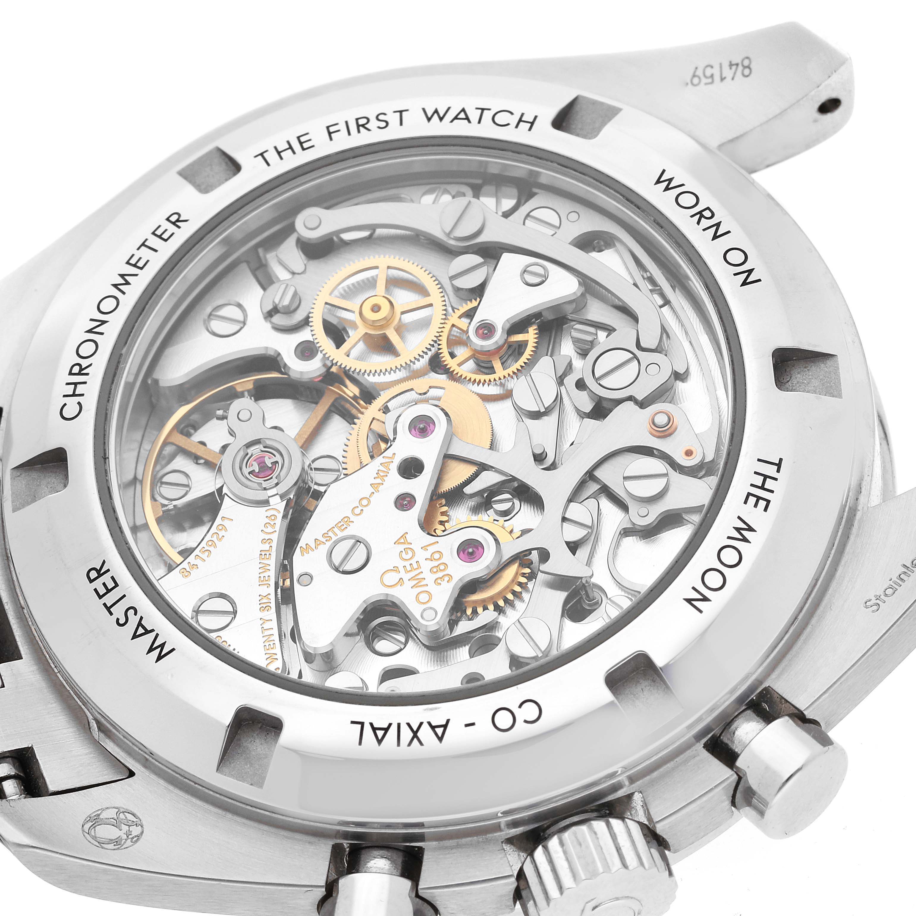 The image shows the back view of an Omega Speedmaster 310.30.42.50.01.002 Men
s Stainless Steel Black Dial 310.30.42.50.01.002 Men
s Stainless Steel Black Dial, revealing its intricate mechanical movement and internal components.