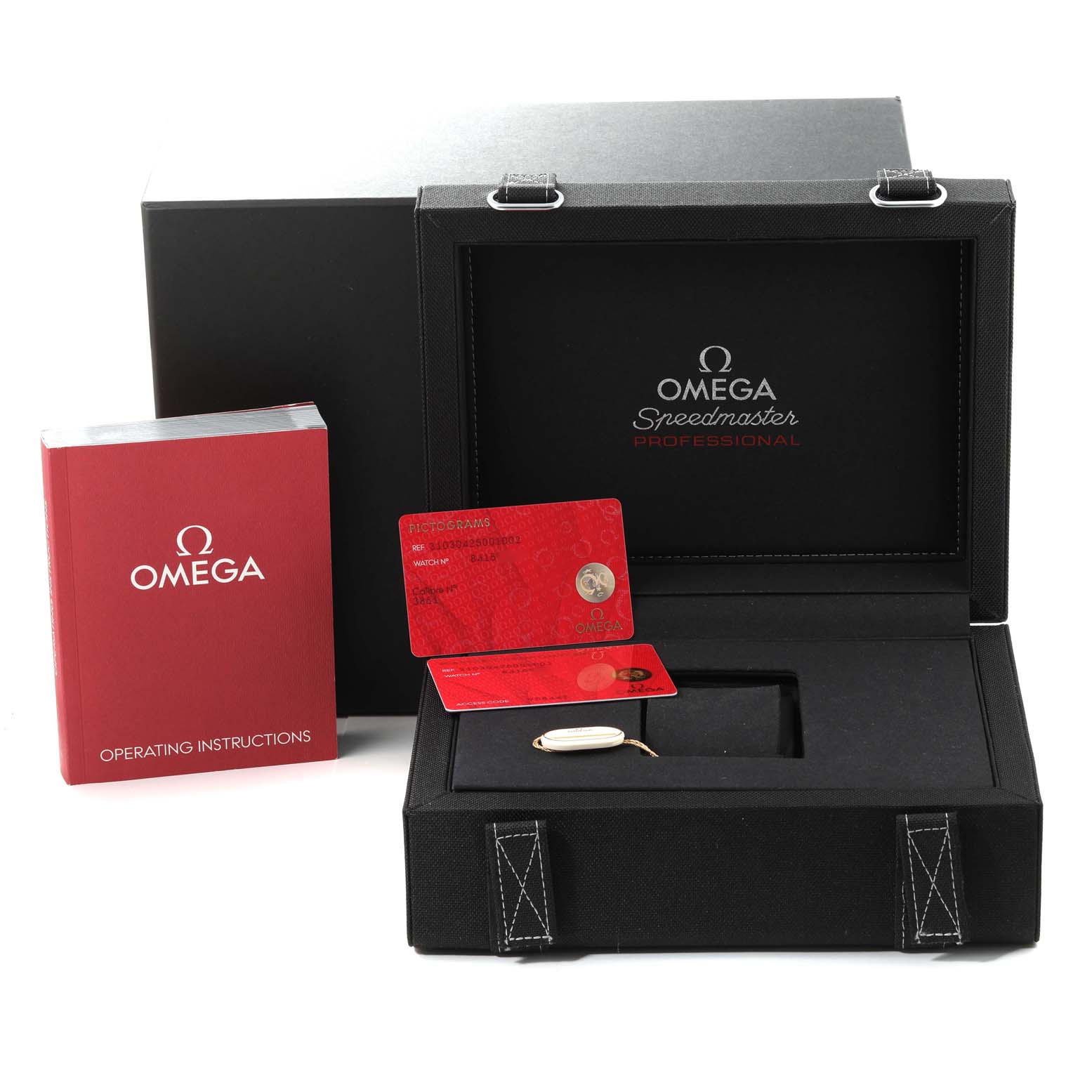 The image shows the packaging, operating instructions, and warranty cards for the Omega Speedmaster 310.30.42.50.01.002 Men
s Stainless Steel Black Dial 310.30.42.50.01.002 Men
s Stainless Steel Black Dial model.