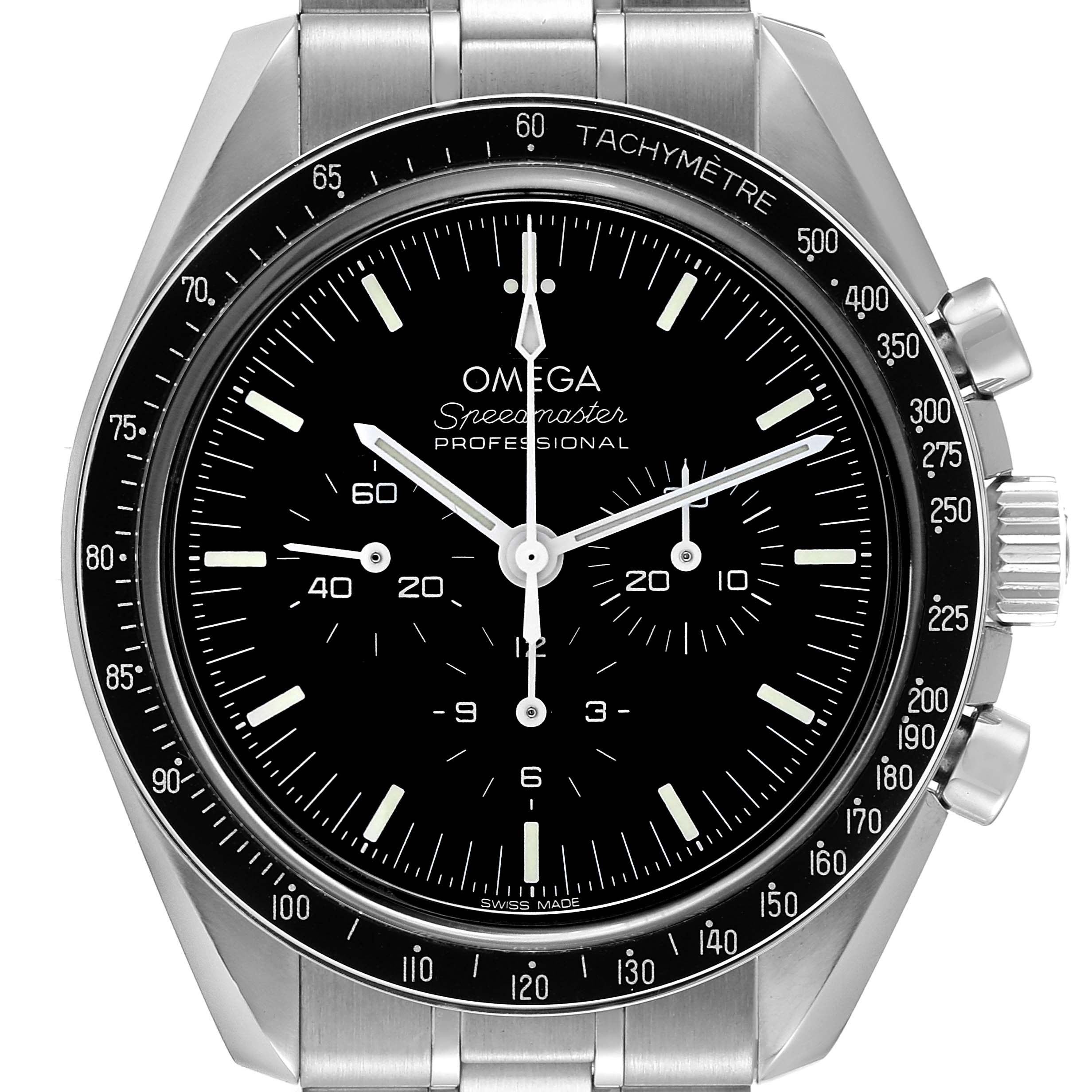 The image shows a front view of the Omega Speedmaster 310.30.42.50.01.002 Men
s Stainless Steel Black Dial 310.30.42.50.01.002 Men
s Stainless Steel Black Dial Professional watch, highlighting its dial, bezel, and pushers.