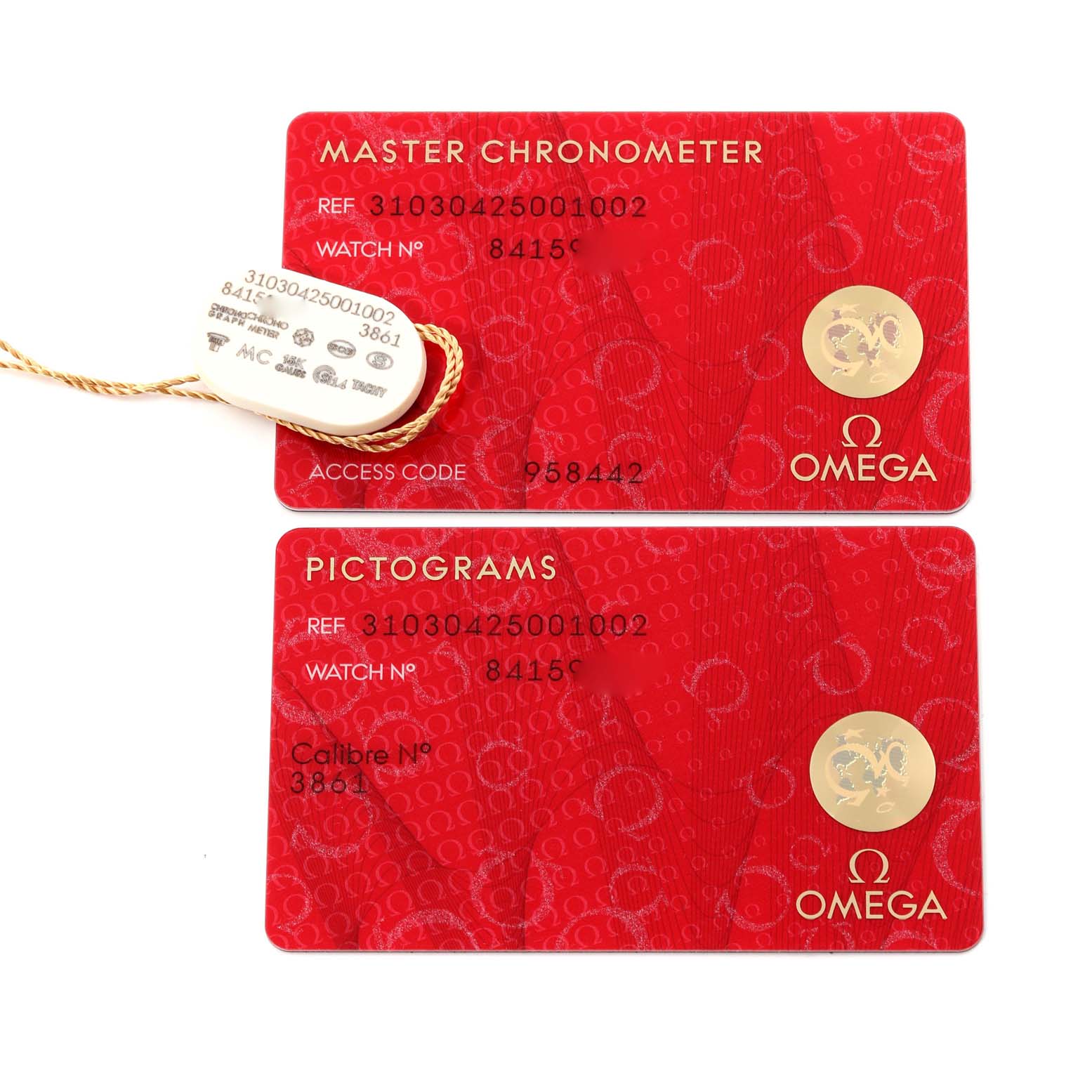 The image shows warranty and certification cards for an Omega Speedmaster 310.30.42.50.01.002 Men
s Stainless Steel Black Dial 310.30.42.50.01.002 Men
s Stainless Steel Black Dial, along with a hang tag.