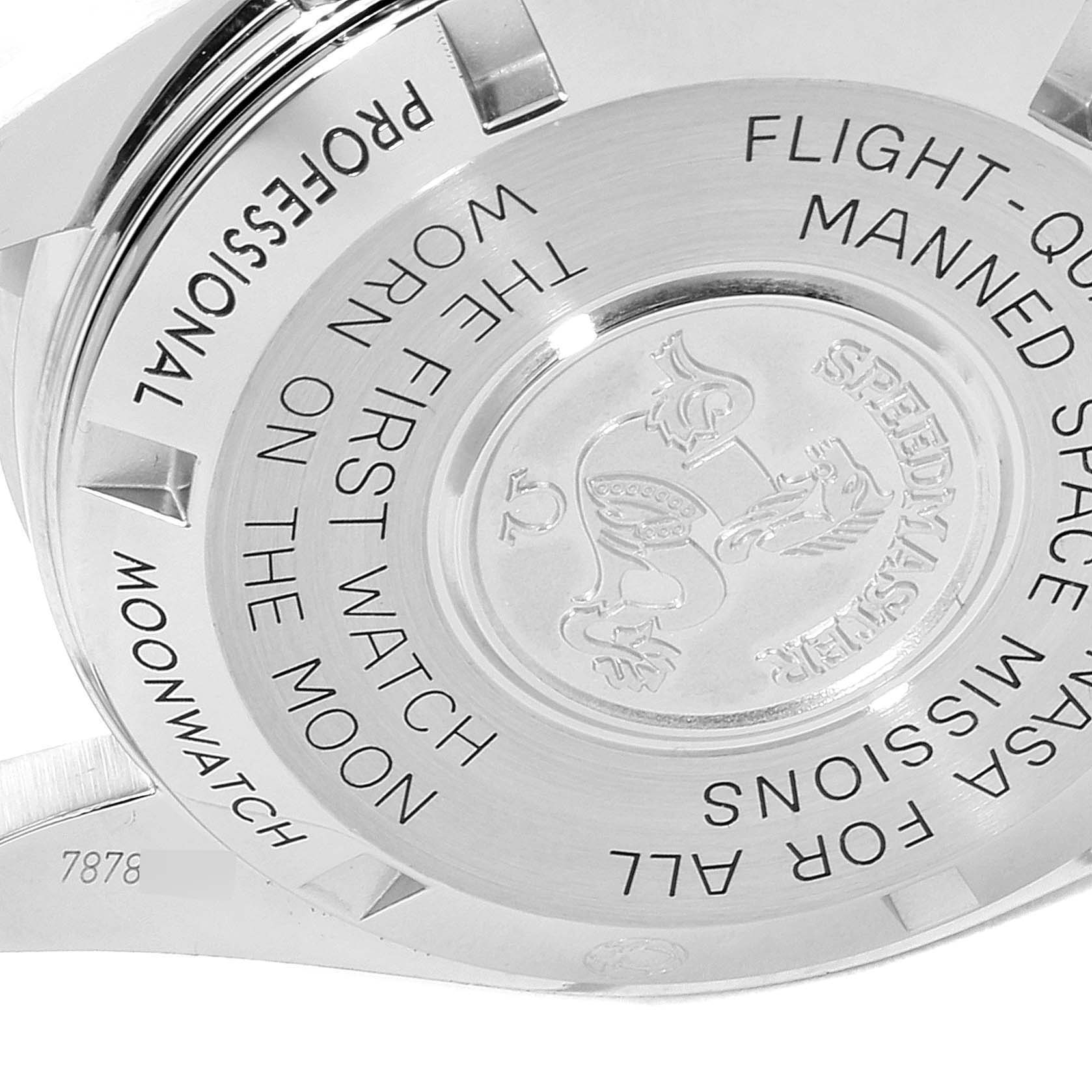 This image shows the back case of an Omega Speedmaster 311.30.42.30.01.005 Men
s Stainless Steel Black Dial 311.30.42.30.01.005 Men
s Stainless Steel Black Dial watch, highlighting its engraved inscriptions and design details.