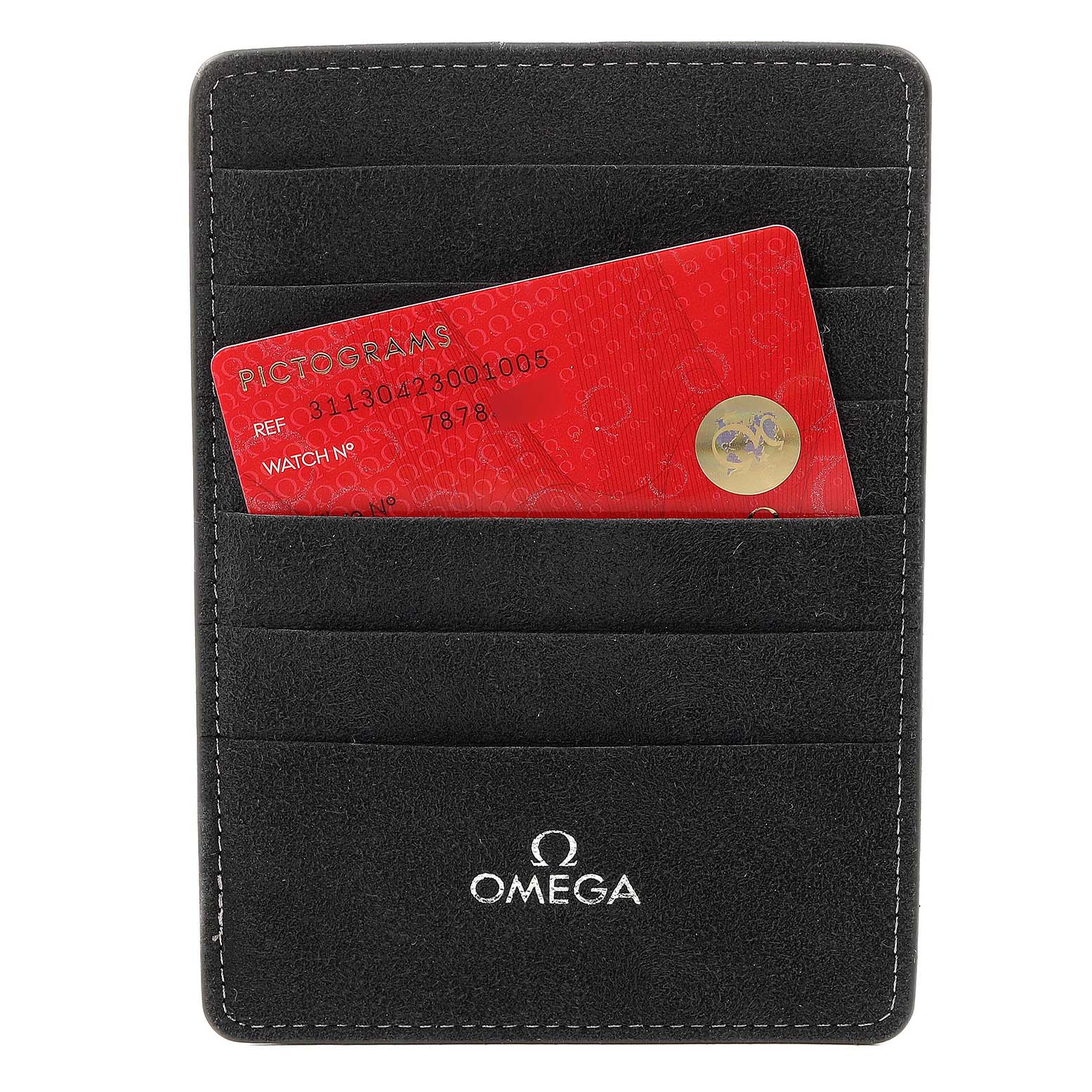 The image shows an Omega Speedmaster 311.30.42.30.01.005 Men
s Stainless Steel Black Dial 311.30.42.30.01.005 Men
s Stainless Steel Black Dial cardholder with a red pictogram card inserted.