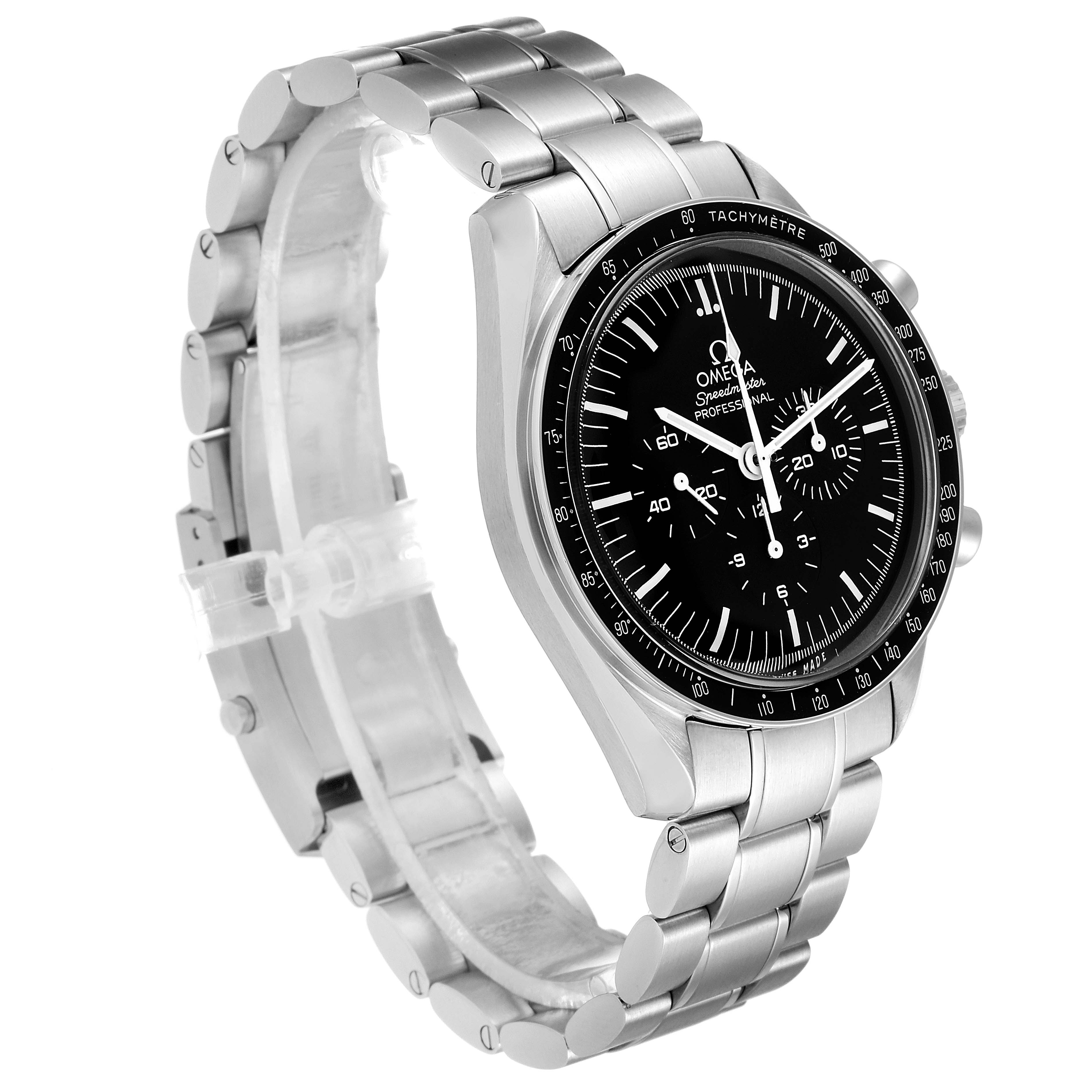 The image shows a 3/4 view of the Omega Speedmaster 311.30.42.30.01.005 Men
s Stainless Steel Black Dial 311.30.42.30.01.005 Men
s Stainless Steel Black Dial watch, showcasing its face, bezel, and metal bracelet.