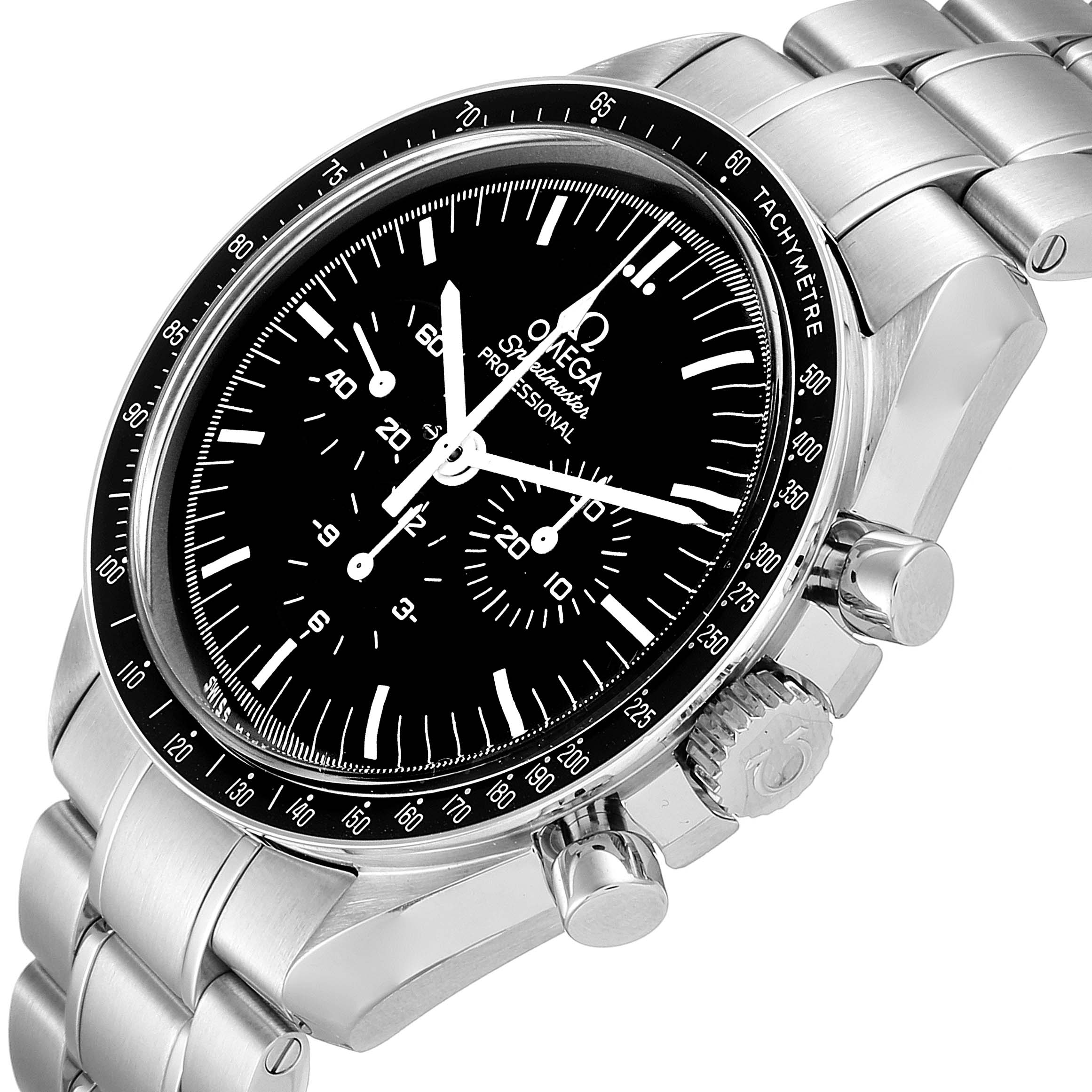 The image shows an angled view of the Omega Speedmaster 311.30.42.30.01.005 Men
s Stainless Steel Black Dial 311.30.42.30.01.005 Men
s Stainless Steel Black Dial watch, capturing the face, bezel, crown, pushers, and part of the bracelet.