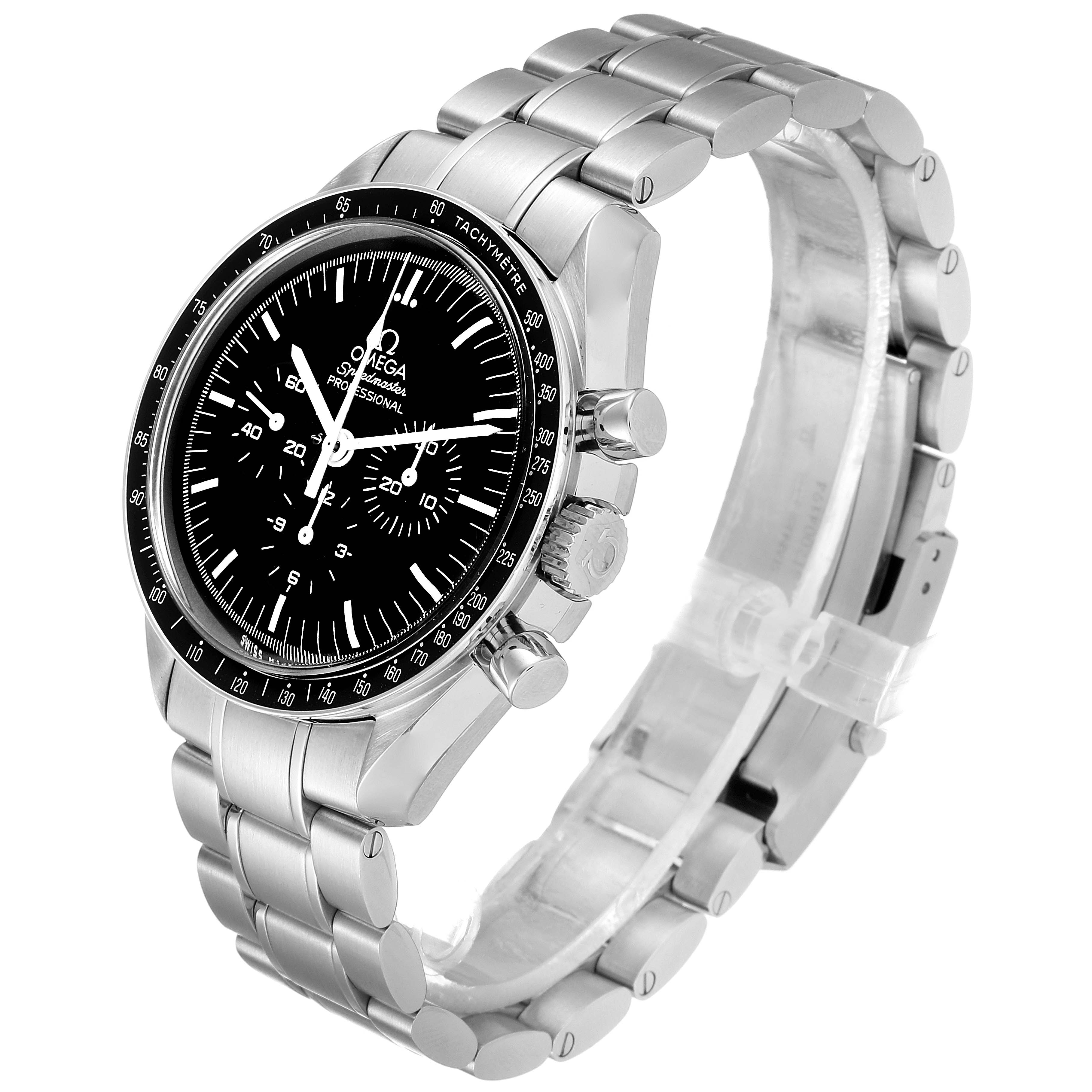The Omega Speedmaster 311.30.42.30.01.005 Men
s Stainless Steel Black Dial 311.30.42.30.01.005 Men
s Stainless Steel Black Dial watch is shown at a three-quarter angle, highlighting its stainless steel case, bezel, dial, and bracelet.