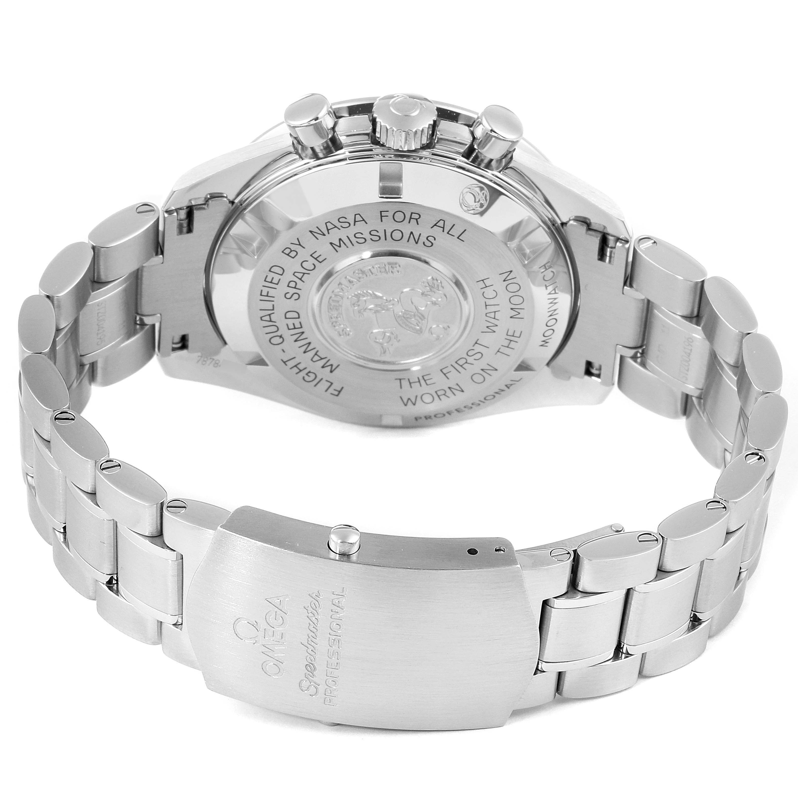 The image shows the back case and clasp of the Omega Speedmaster 311.30.42.30.01.005 Men
s Stainless Steel Black Dial 311.30.42.30.01.005 Men
s Stainless Steel Black Dial watch, highlighting its inscriptions and bracelet.