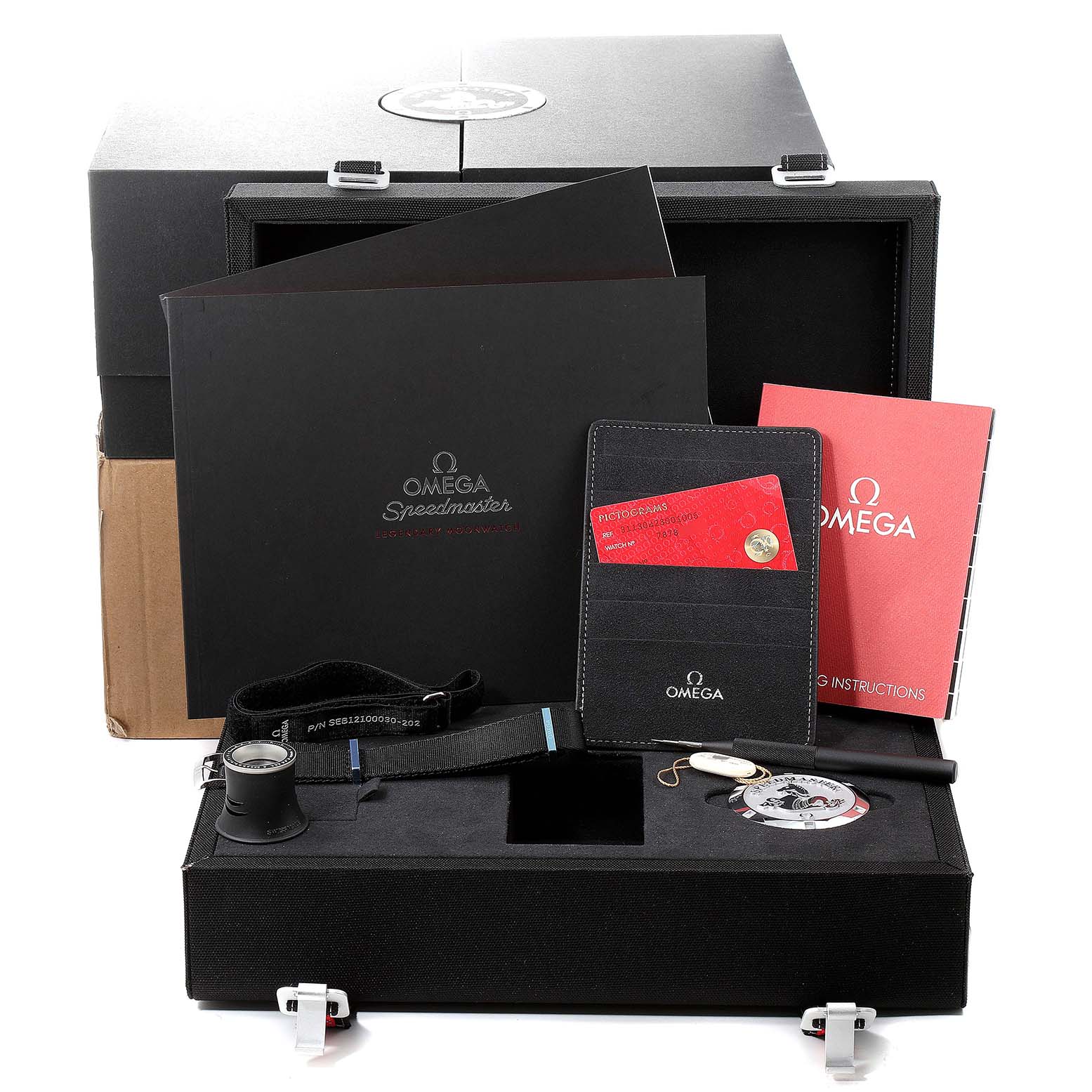 The image displays an Omega Speedmaster 311.30.42.30.01.005 Men
s Stainless Steel Black Dial 311.30.42.30.01.005 Men
s Stainless Steel Black Dial box set with accessories, including manuals, a loupe, a keychain, a strap, and warranty cards.