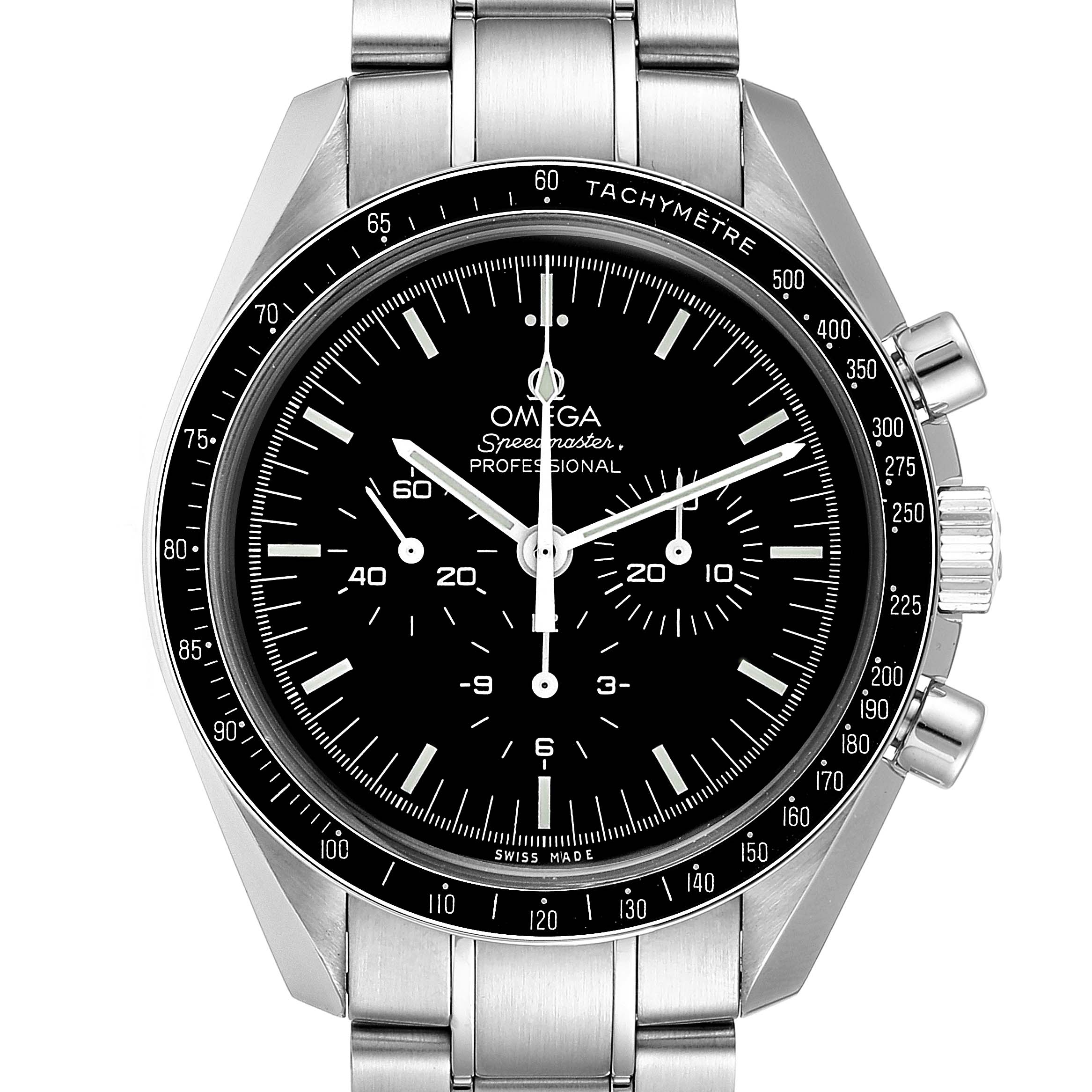 The image shows a front view of the Omega Speedmaster 311.30.42.30.01.005 Men
s Stainless Steel Black Dial 311.30.42.30.01.005 Men
s Stainless Steel Black Dial watch, detailing its face, bezel, crown, and pushers.