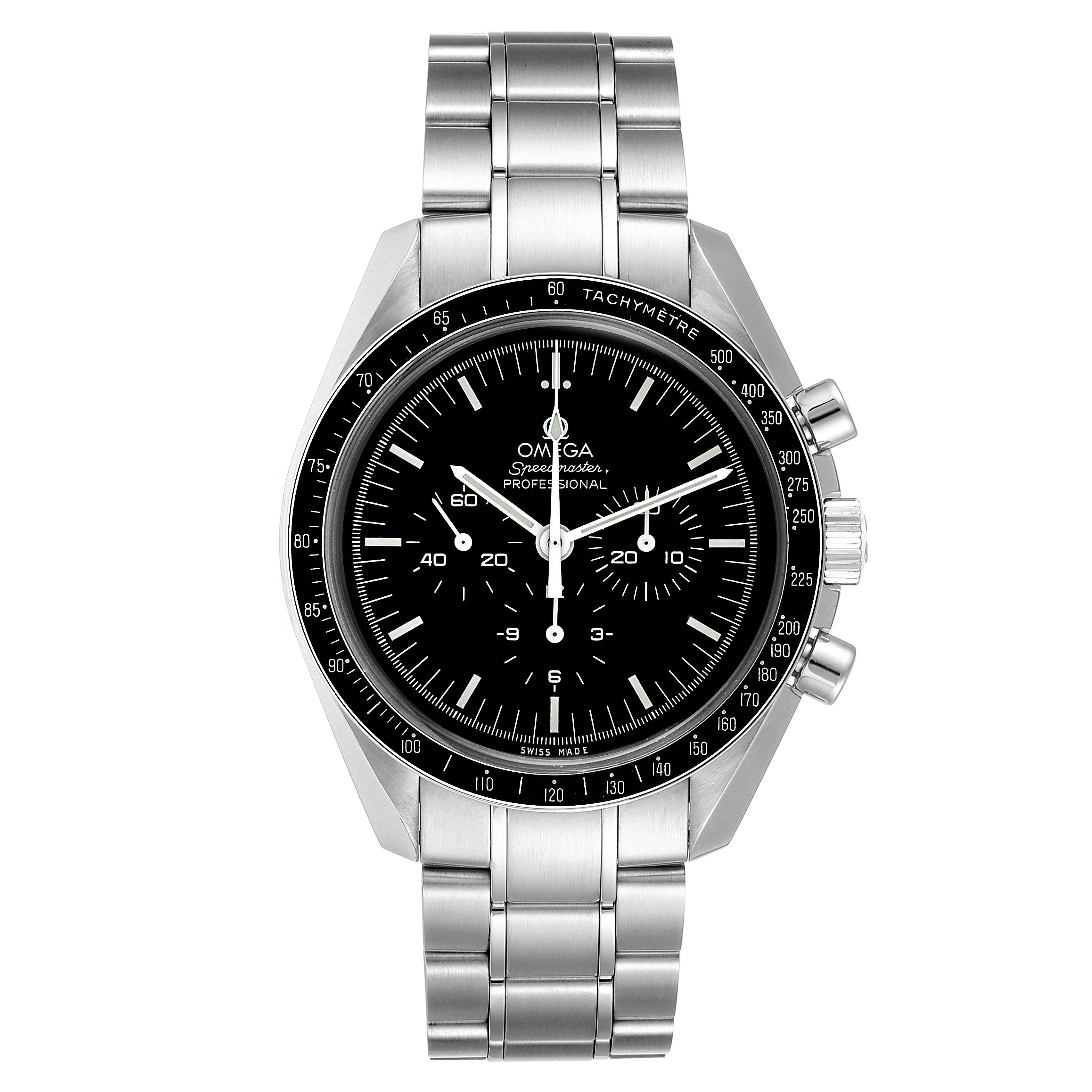 The image shows a front view of the Omega Speedmaster 311.30.42.30.01.005 Men
s Stainless Steel Black Dial 311.30.42.30.01.005 Men
s Stainless Steel Black Dial watch, highlighting its face, bezel, crown, and bracelet.