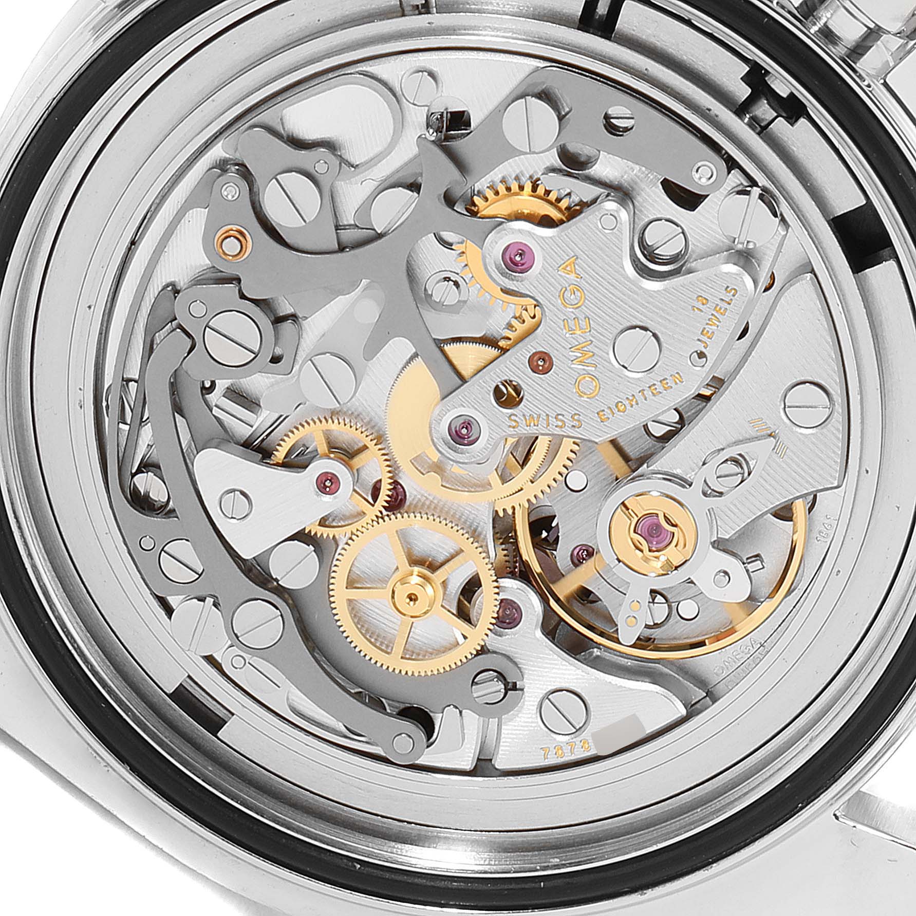 This image shows the back view of the Omega Speedmaster 311.30.42.30.01.005 Men
s Stainless Steel Black Dial 311.30.42.30.01.005 Men
s Stainless Steel Black Dial watch, revealing the intricate mechanical movement and gears.