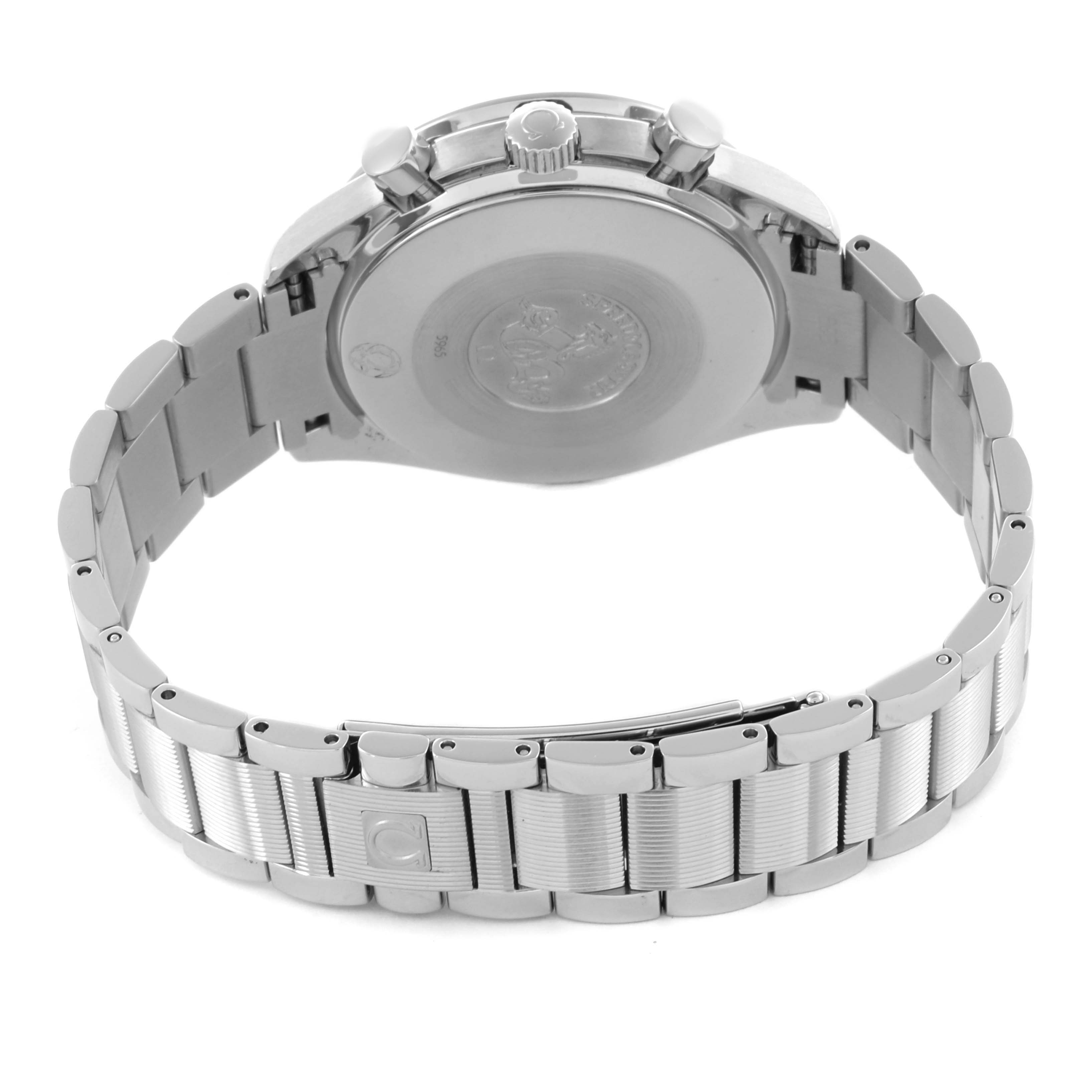 The Omega Speedmaster 3534.72.00 Men's Stainless Steel Mother of Pearl Dial 3534.72.00 Men's Stainless Steel Mother of Pearl Dial watch is shown from the rear, highlighting the case back, crown, and metal bracelet.