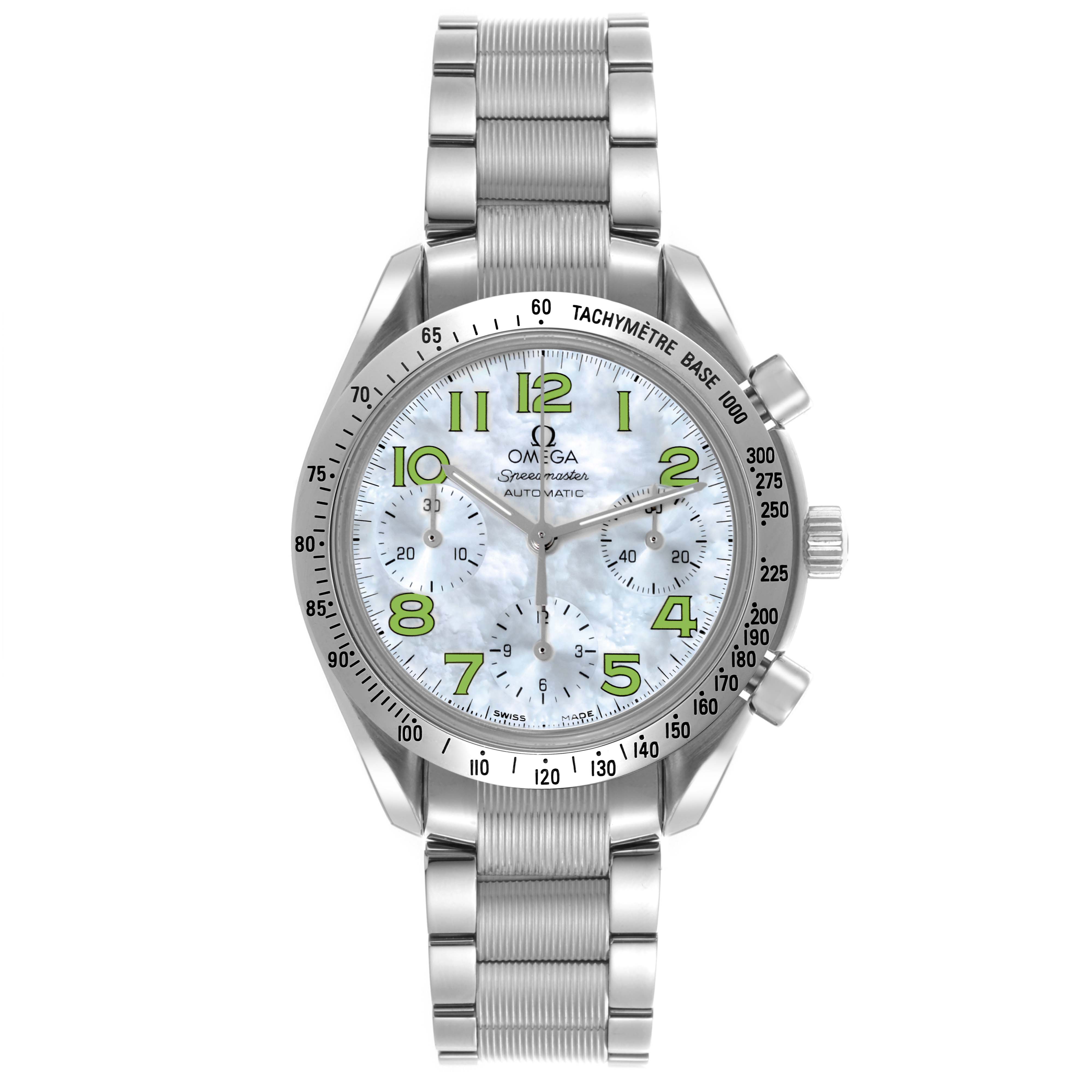 The Omega Speedmaster 3534.72.00 Men's Stainless Steel Mother of Pearl Dial 3534.72.00 Men's Stainless Steel Mother of Pearl Dial watch is shown from the front, displaying the face, bezel, and metal bracelet.