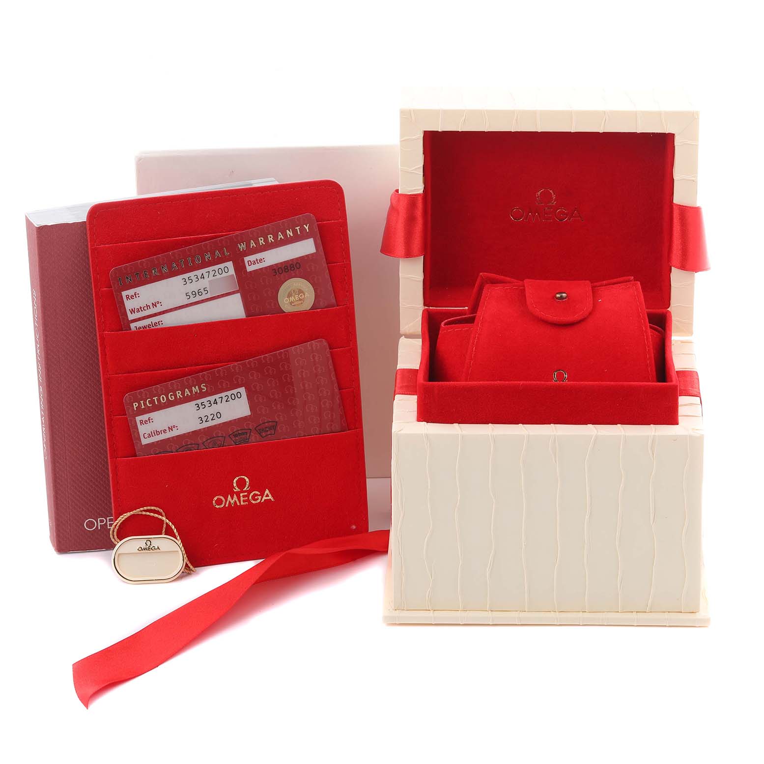 The image shows Omega Speedmaster 3534.72.00 Men's Stainless Steel Mother of Pearl Dial 3534.72.00 Men's Stainless Steel Mother of Pearl Dial packaging, warranty cards, a red case, and a branded box from a front angle.