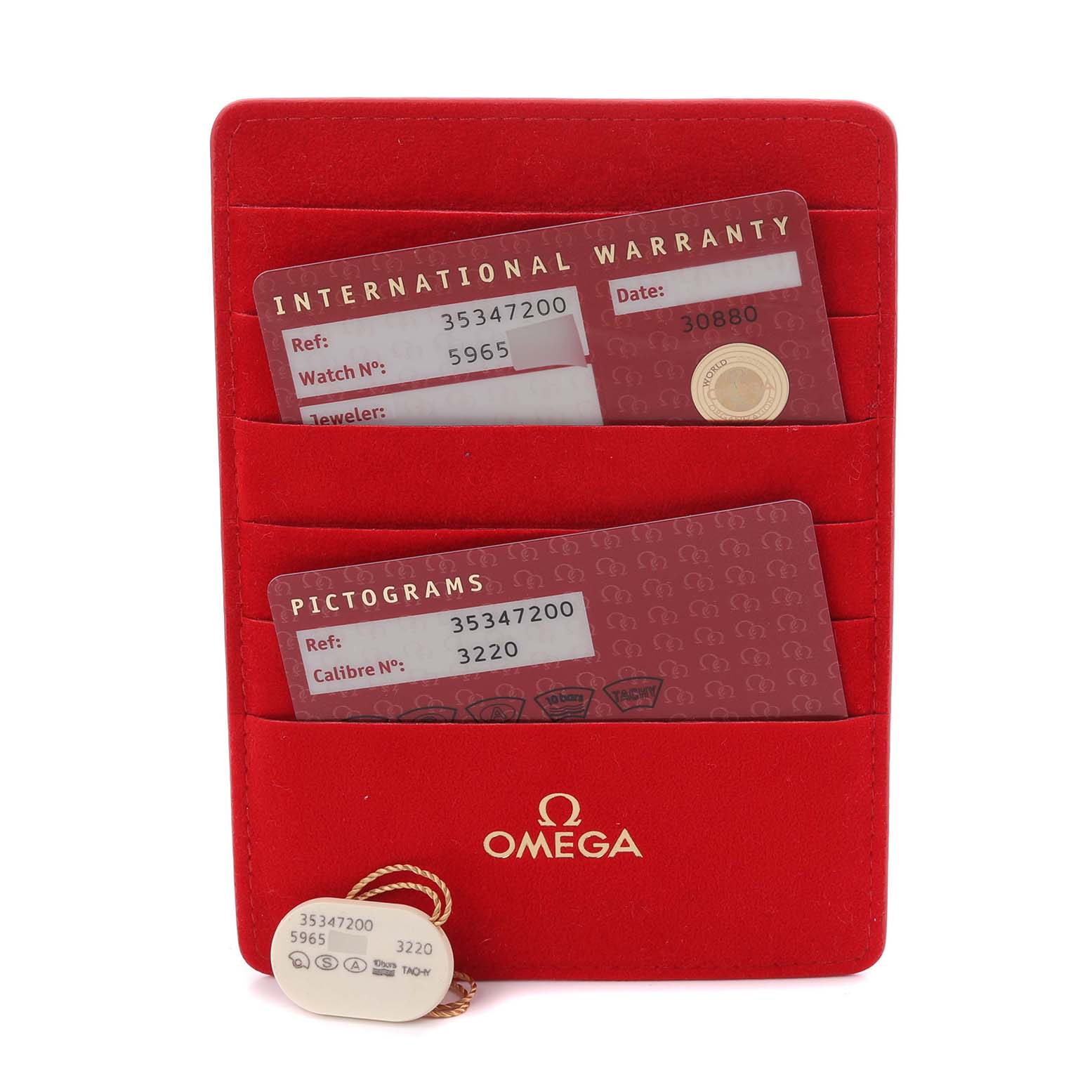 The image shows Omega Speedmaster 3534.72.00 Men's Stainless Steel Mother of Pearl Dial 3534.72.00 Men's Stainless Steel Mother of Pearl Dial accessories including warranty cards and a red cardholder.