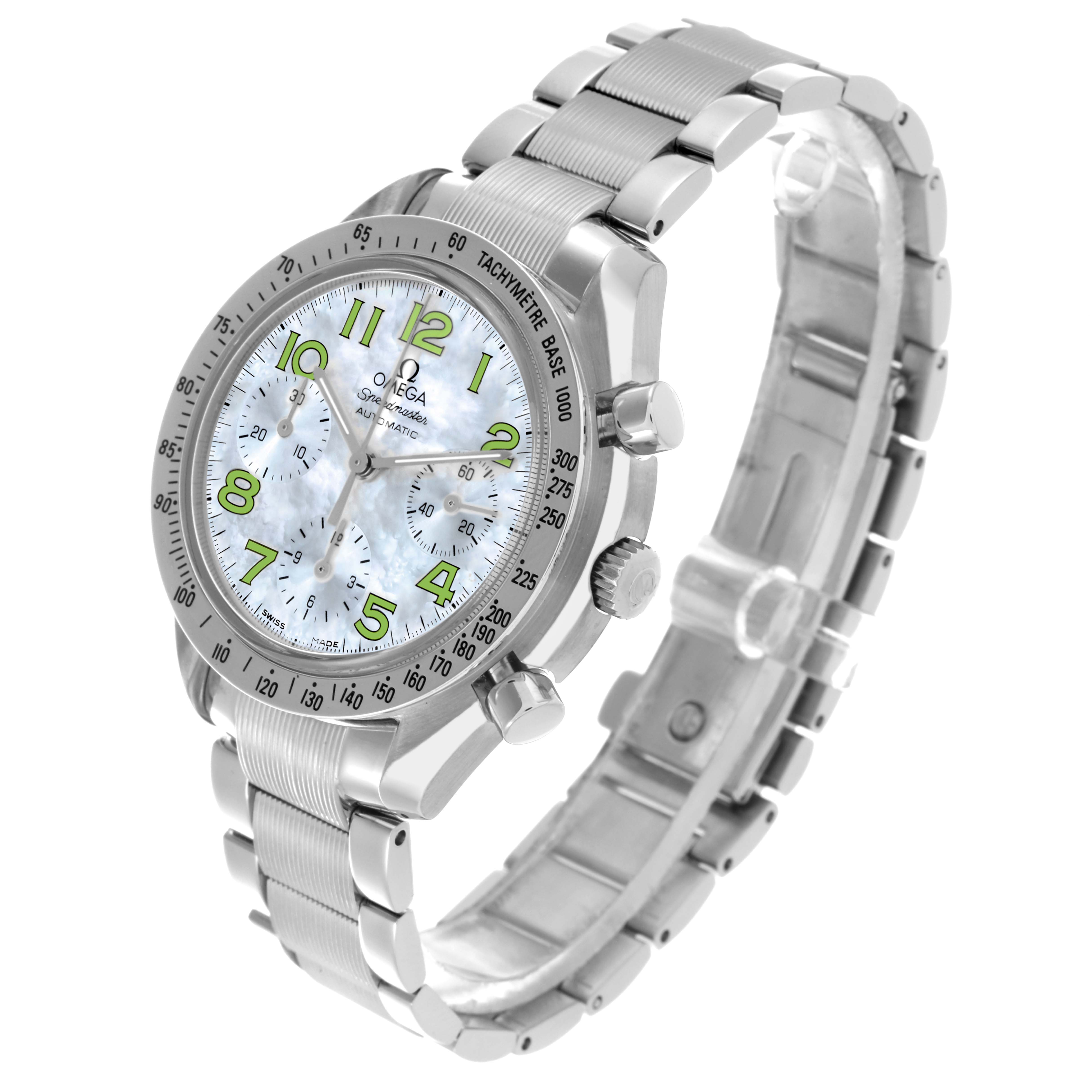 This Omega Speedmaster 3534.72.00 Men's Stainless Steel Mother of Pearl Dial 3534.72.00 Men's Stainless Steel Mother of Pearl Dial watch is shown in a three-quarter view highlighting the case, dial, bezel, and bracelet.