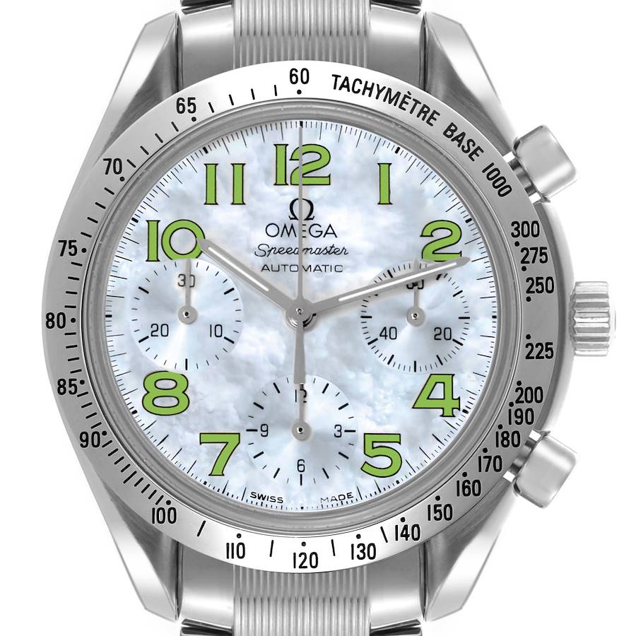 The Omega Speedmaster watch is shown from the front, highlighting the dial, bezel, and part of the bracelet.