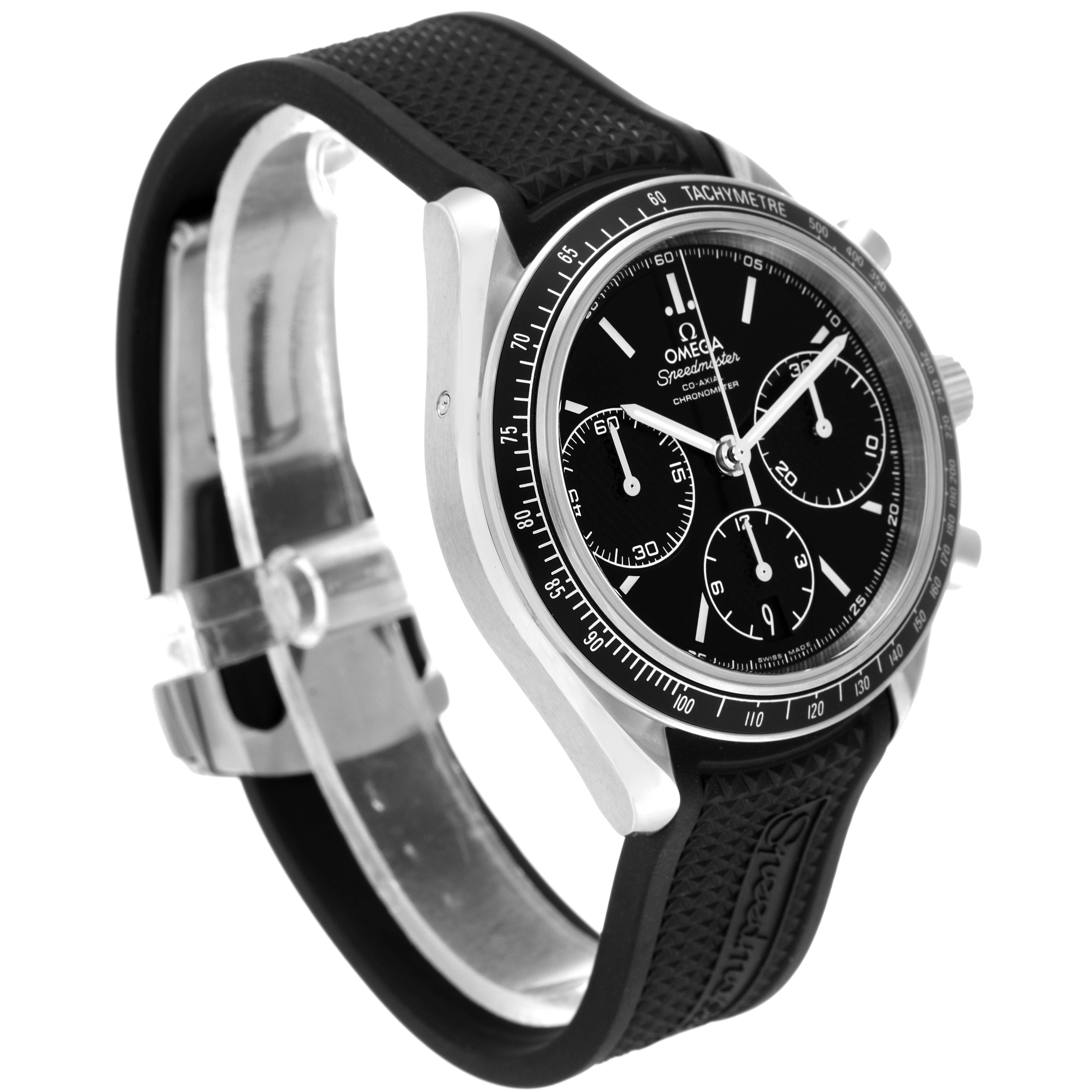 The Omega Speedmaster 326.32.40.50.01.001 Men's Stainless Steel Black Dial 326.32.40.50.01.001 Men's Stainless Steel Black Dial watch is shown at an angle highlighting its black dial, bezel, subdials, and black rubber strap.