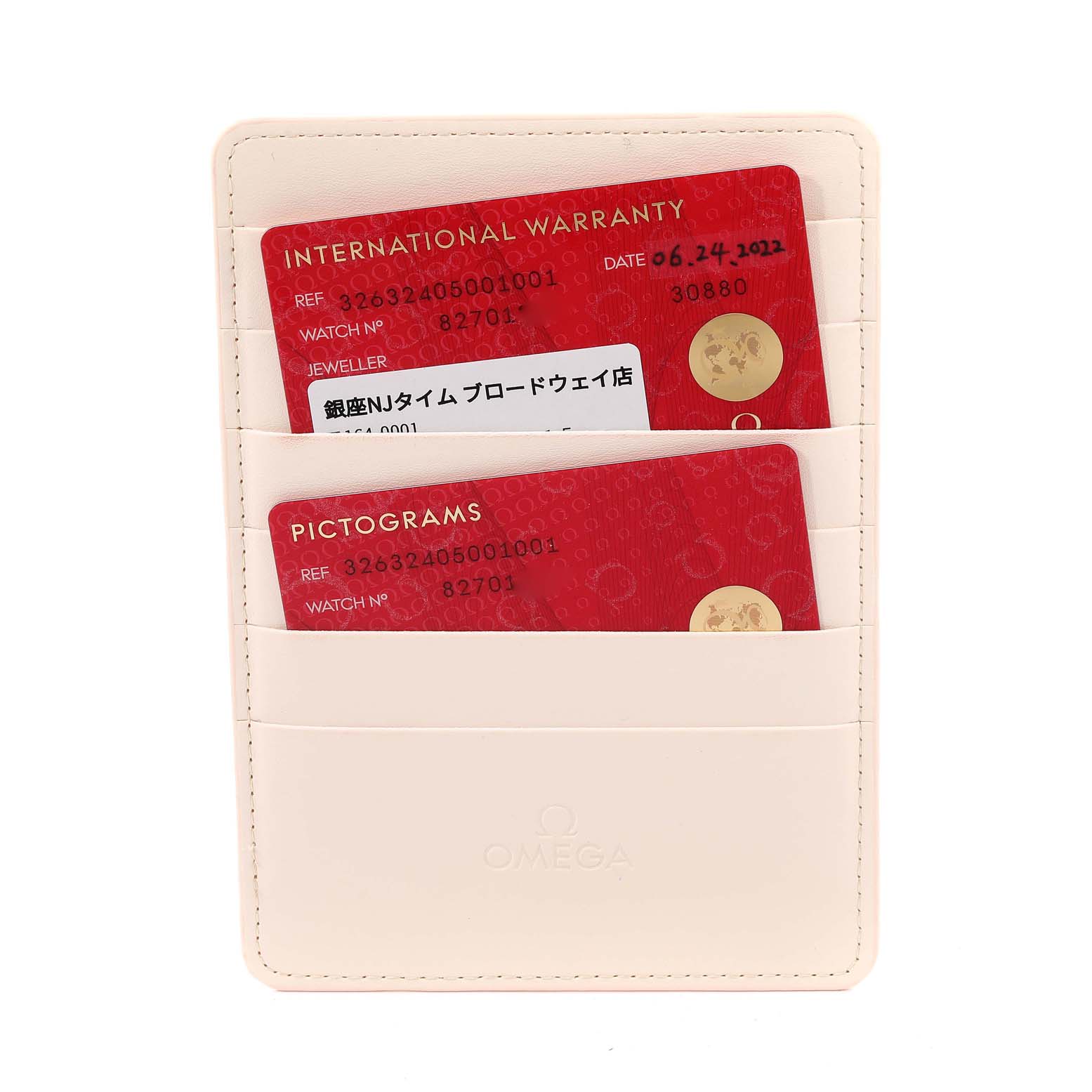 The image shows the international warranty and pictograms card for the Omega Speedmaster 326.32.40.50.01.001 Men's Stainless Steel Black Dial 326.32.40.50.01.001 Men's Stainless Steel Black Dial model watch.