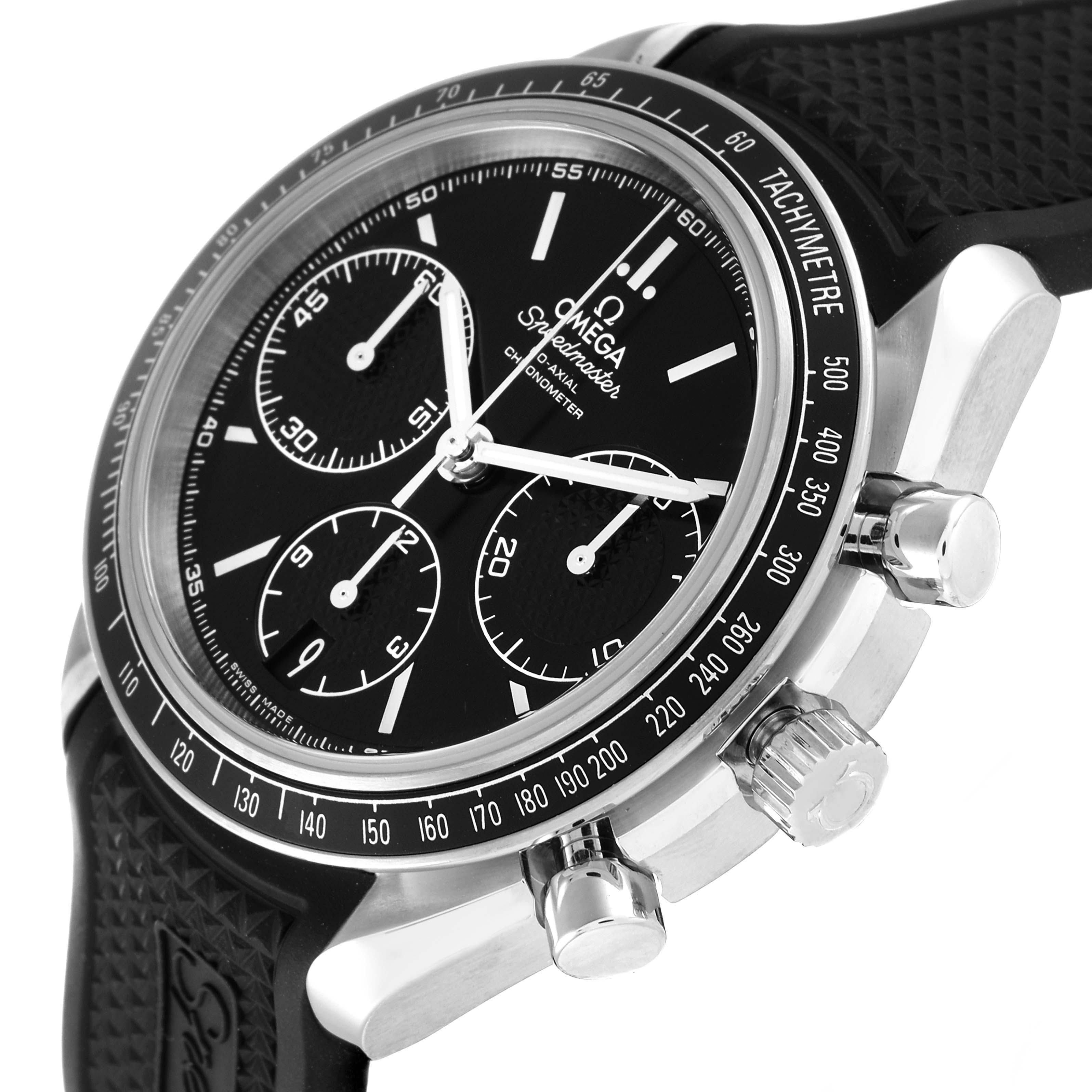 The Omega Speedmaster 326.32.40.50.01.001 Men's Stainless Steel Black Dial 326.32.40.50.01.001 Men's Stainless Steel Black Dial watch is shown at a slight angle from the front, highlighting the dial, tachymeter bezel, and side buttons.